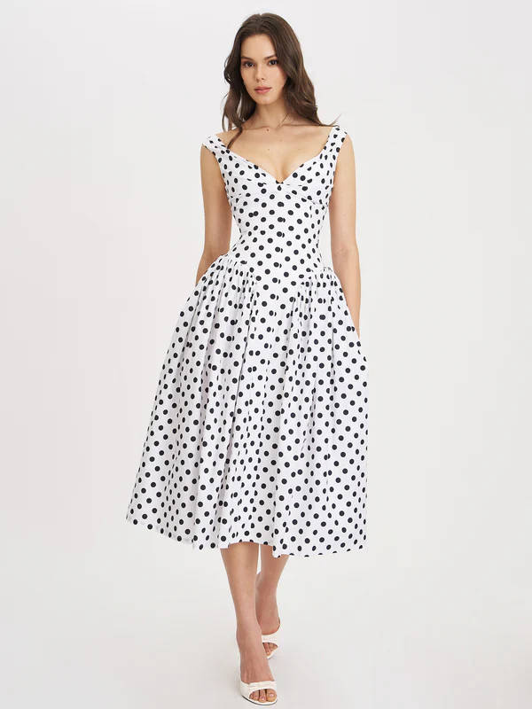Rahma Polka Dot Drop Waist Midi Cotton Poplin Dress