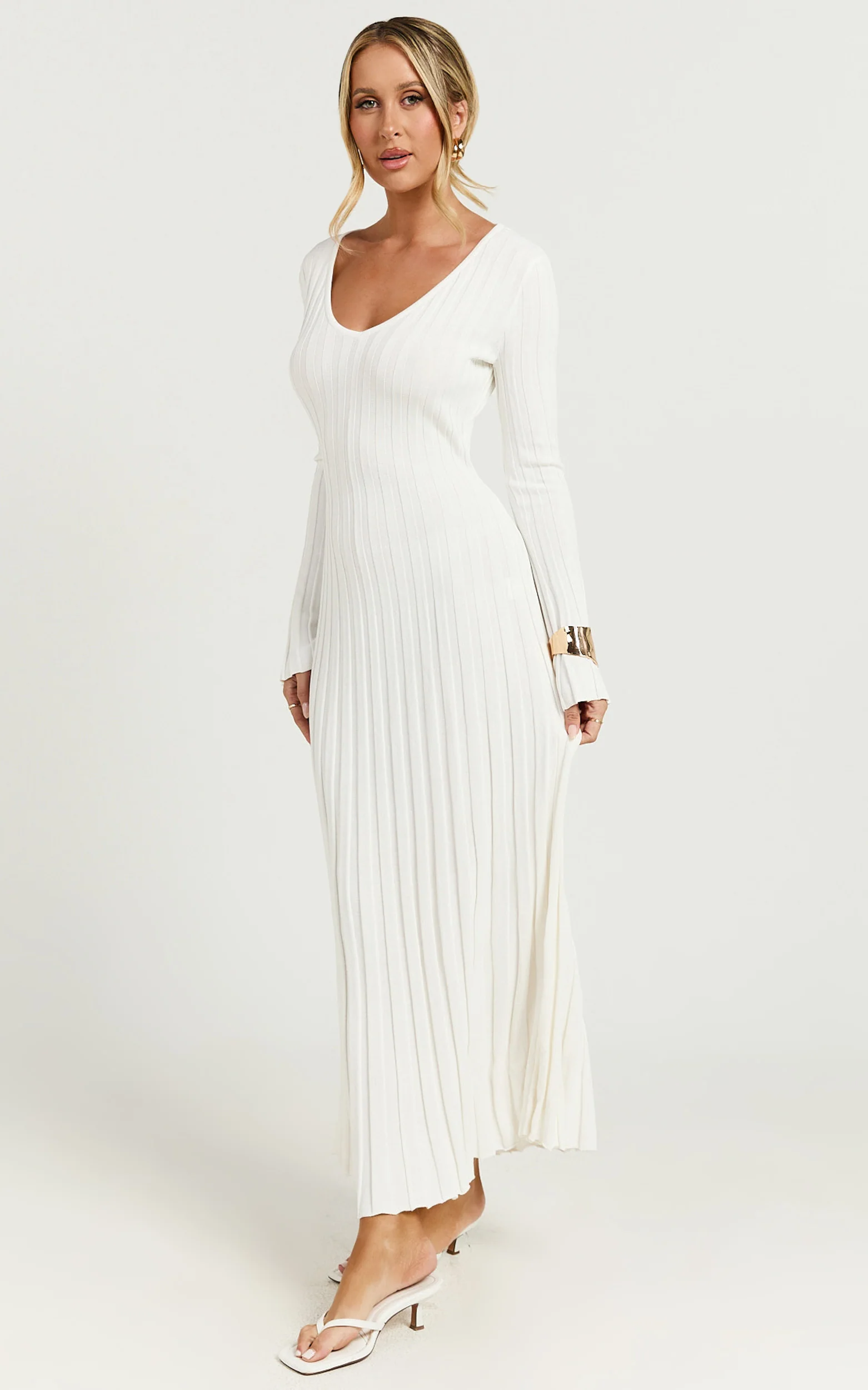 Astra Maxi Dress - V Neck Long Sleeve Knit Dress in White