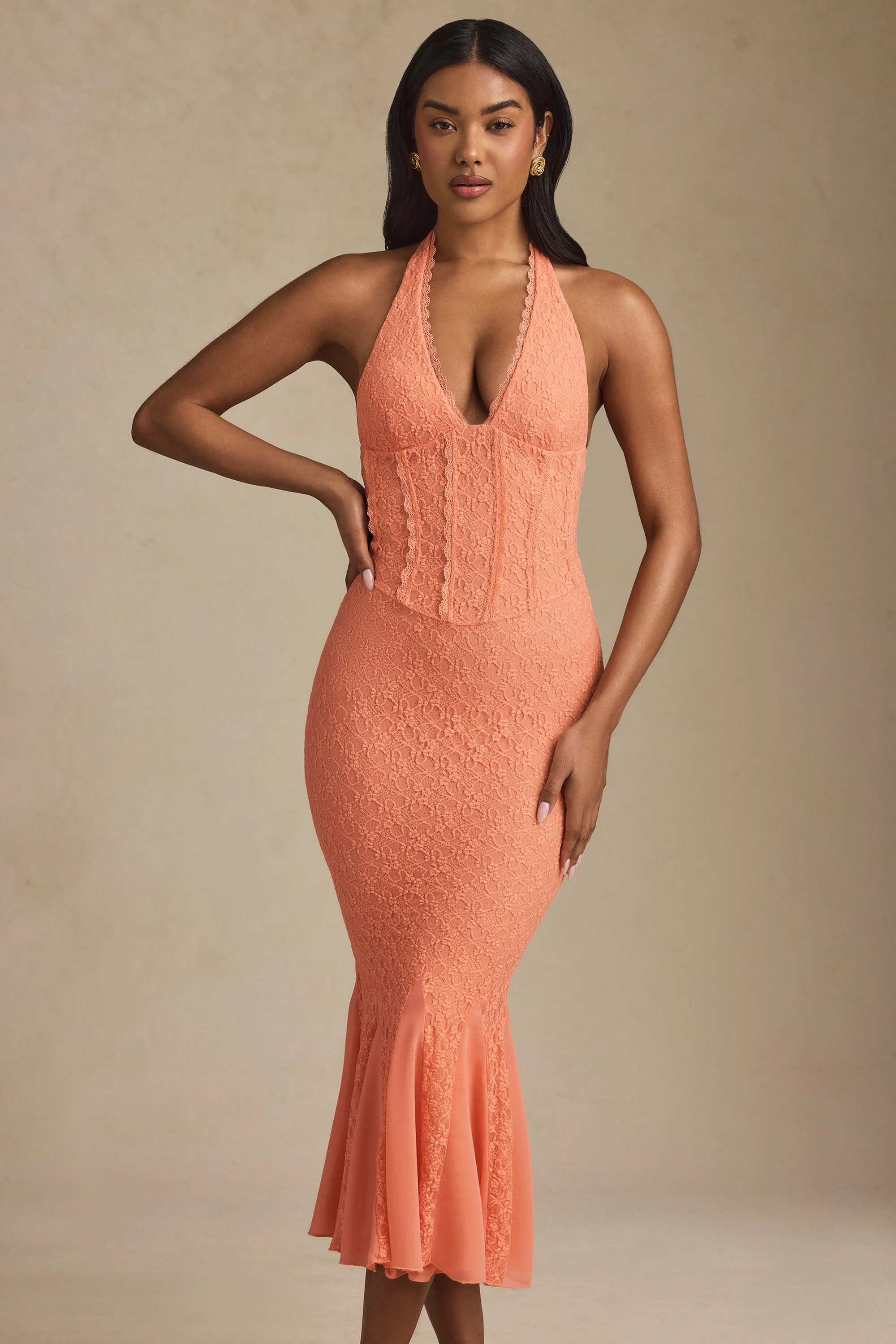 Halterneck Corset Lace Midaxi Dress in Peach