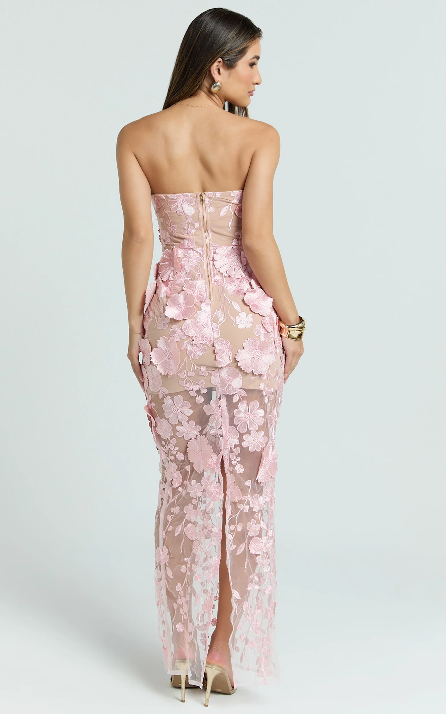 Sienna Maxi Dress - 3D Floral Strapless Column Dress in Pink
