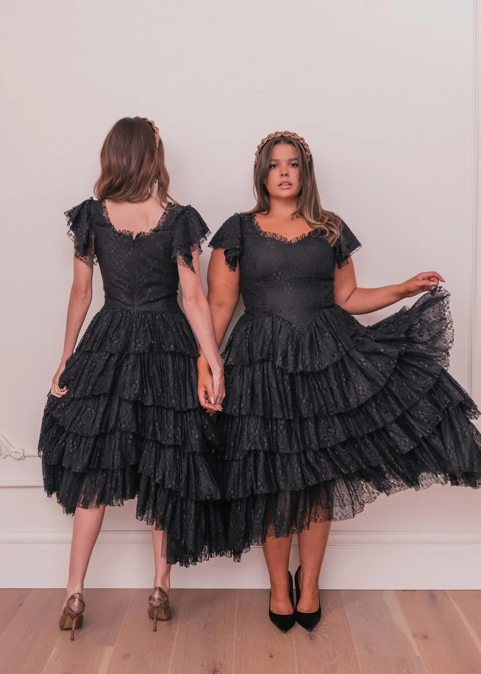 Romantic Ruffle Tiered Lace Midi Dress – Burgundy / Apricot / Black