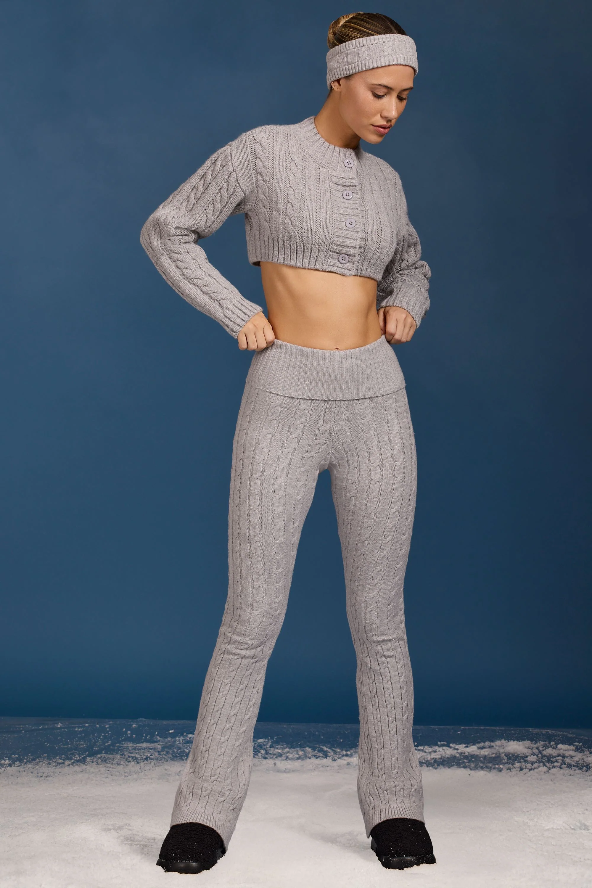 Petite Cable-Knit Flared Trousers in Grey Marl
