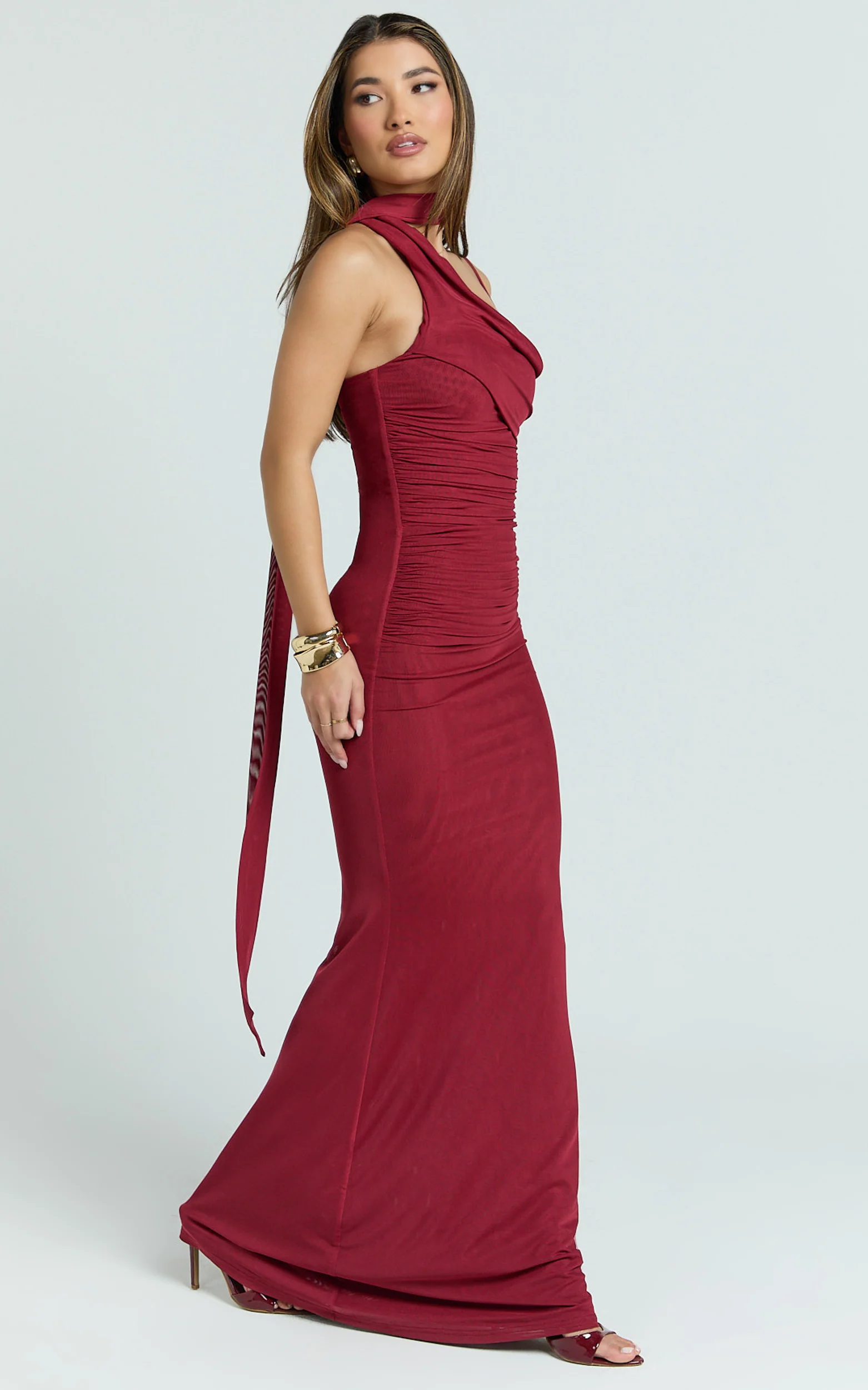 Larson Maxi Dress - Asymmetric Tie Neck Column Dress in Wine