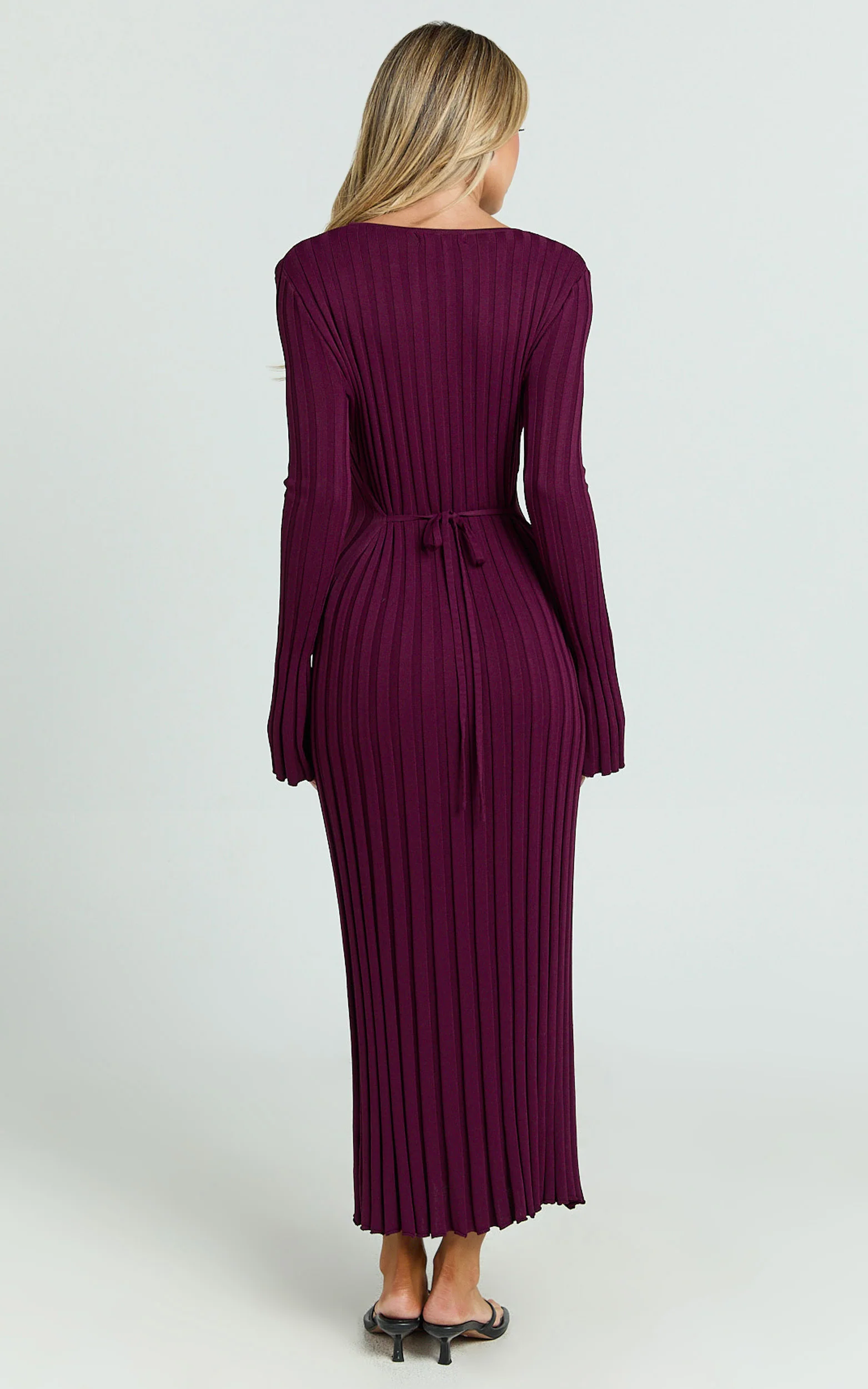 Blaire Midi Dress - Long Sleeve Tie Back Flare Dress in Wine