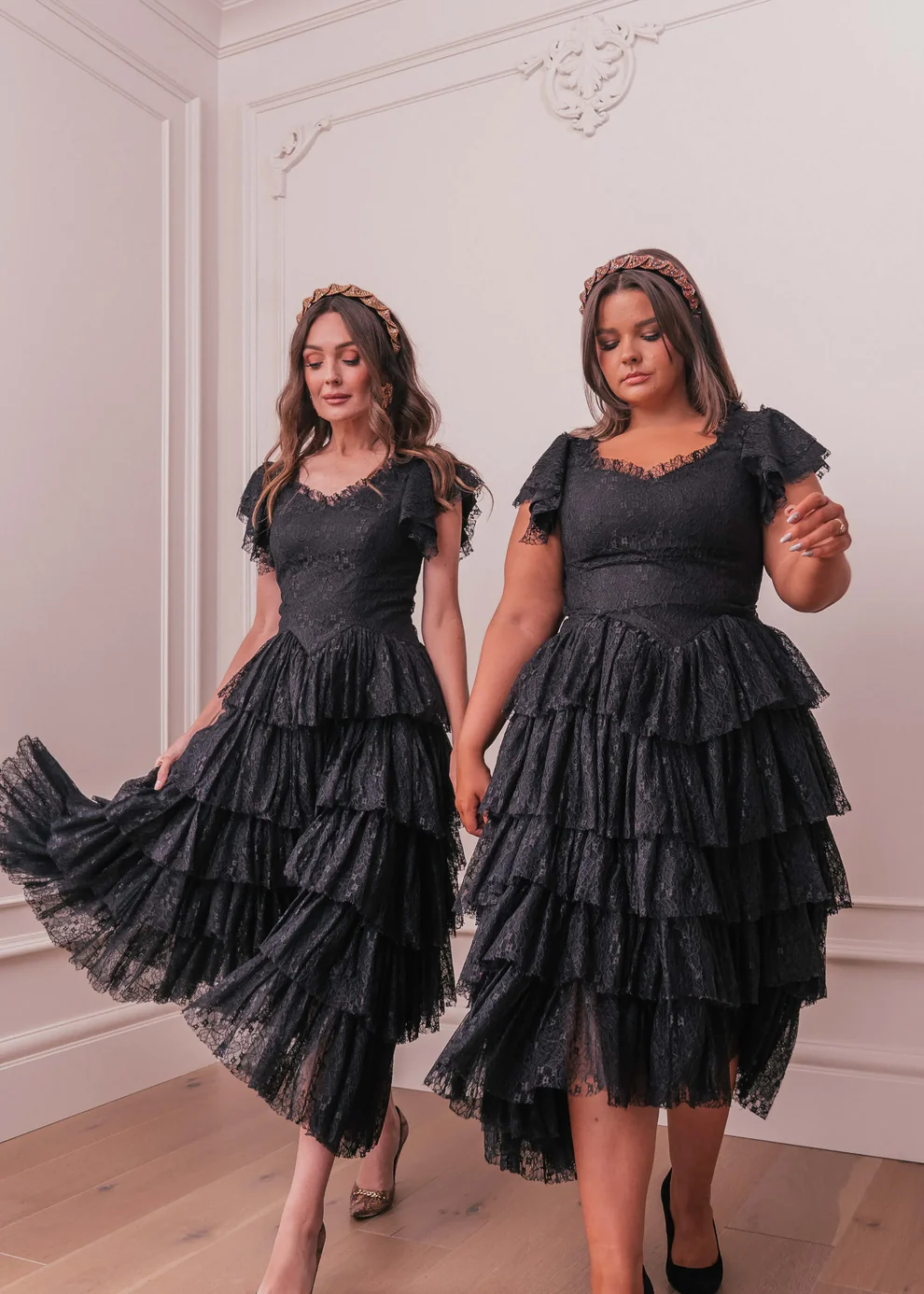 Romantic Ruffle Tiered Lace Midi Dress – Burgundy / Apricot / Black