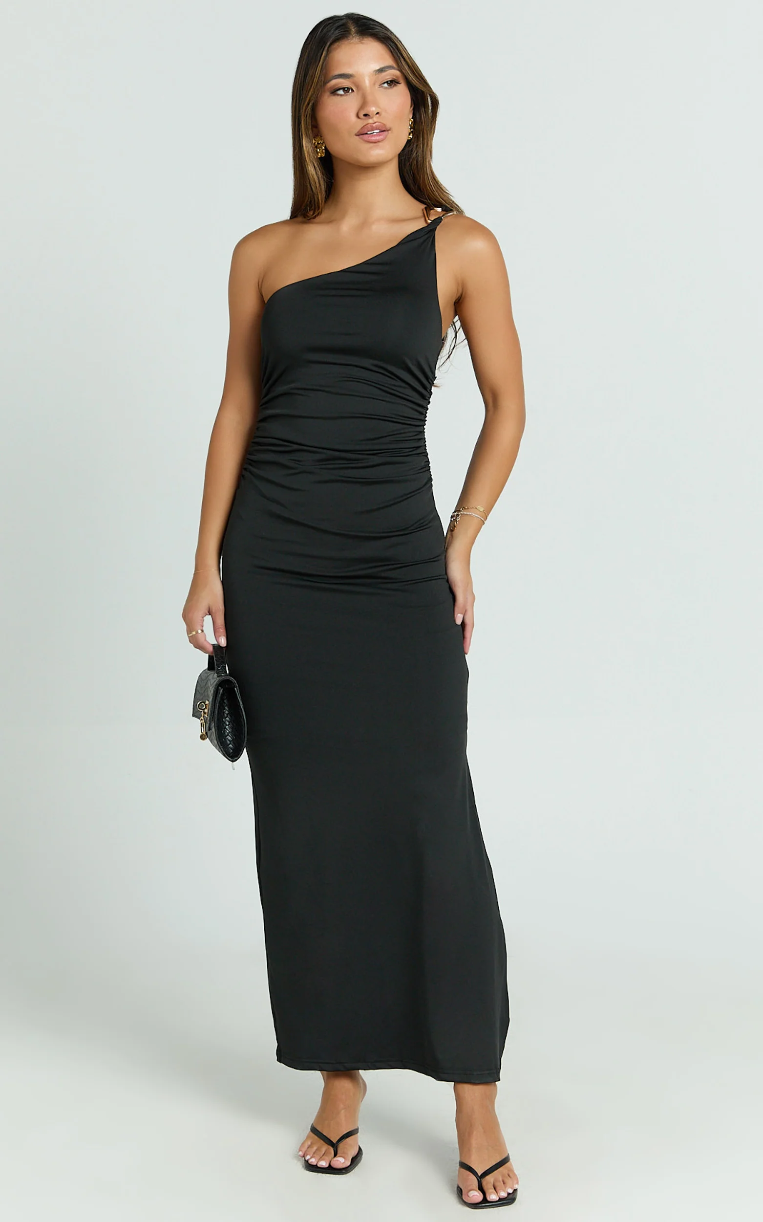 Debbie Maxi Dress - One Shoulder Hardware Detail Dress in Black