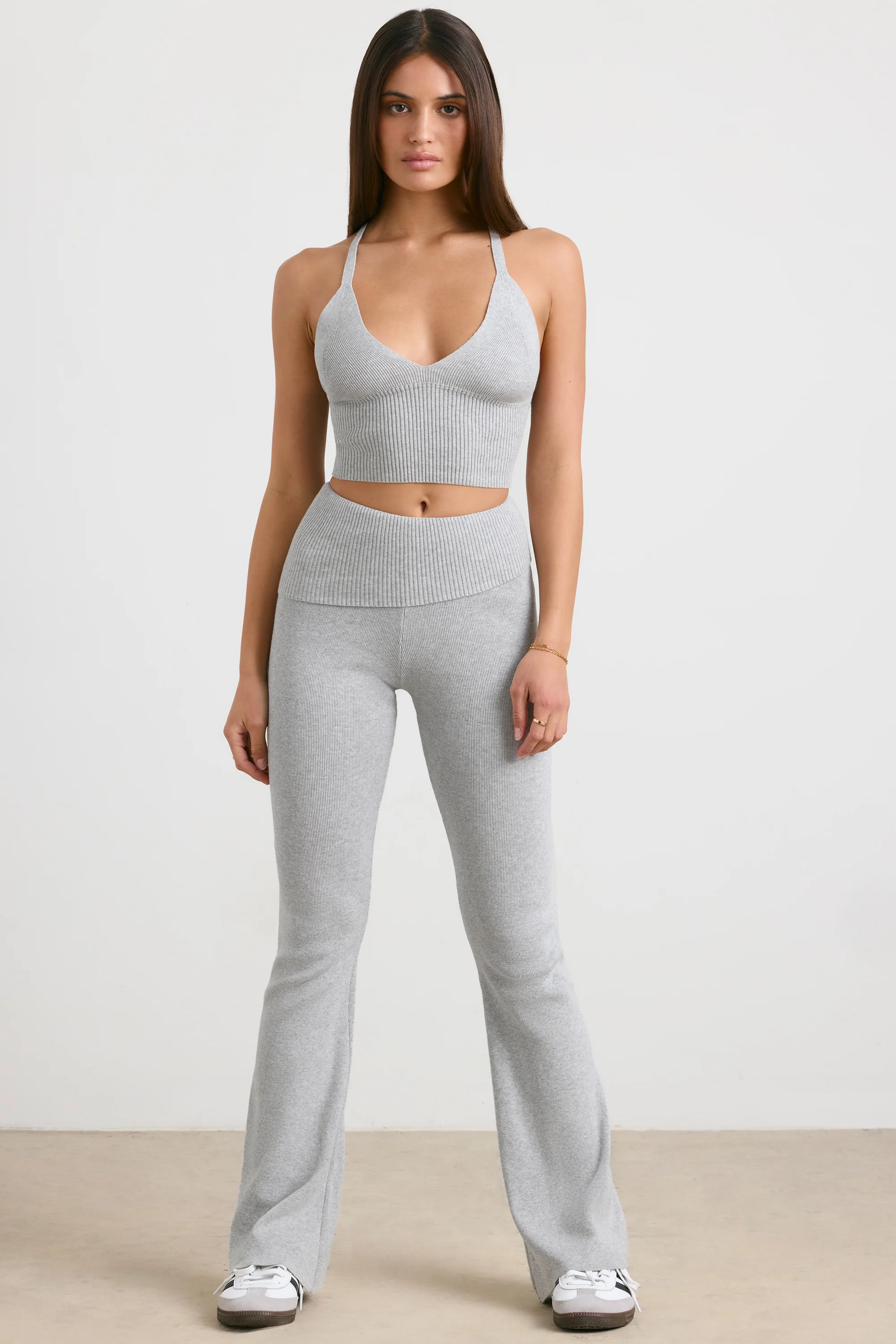 Chunky Knit Kick Flare Trousers in Heather Grey