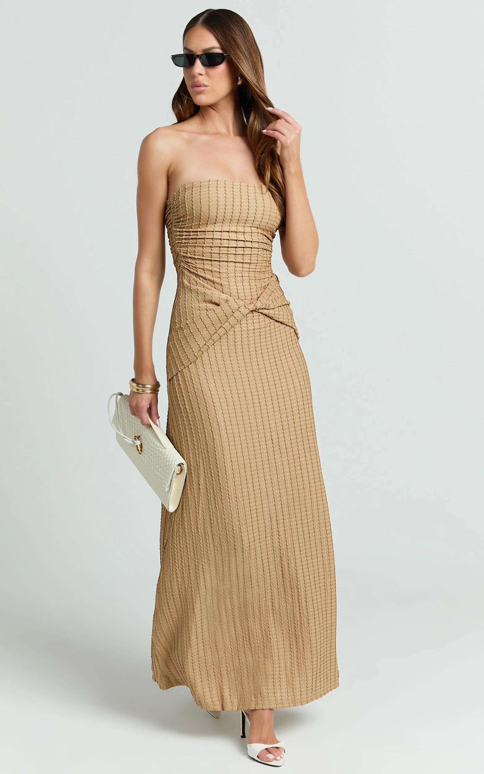 Santiago Maxi Dress - Textured Jersey Strapless Twist Waist Dress in Beige
