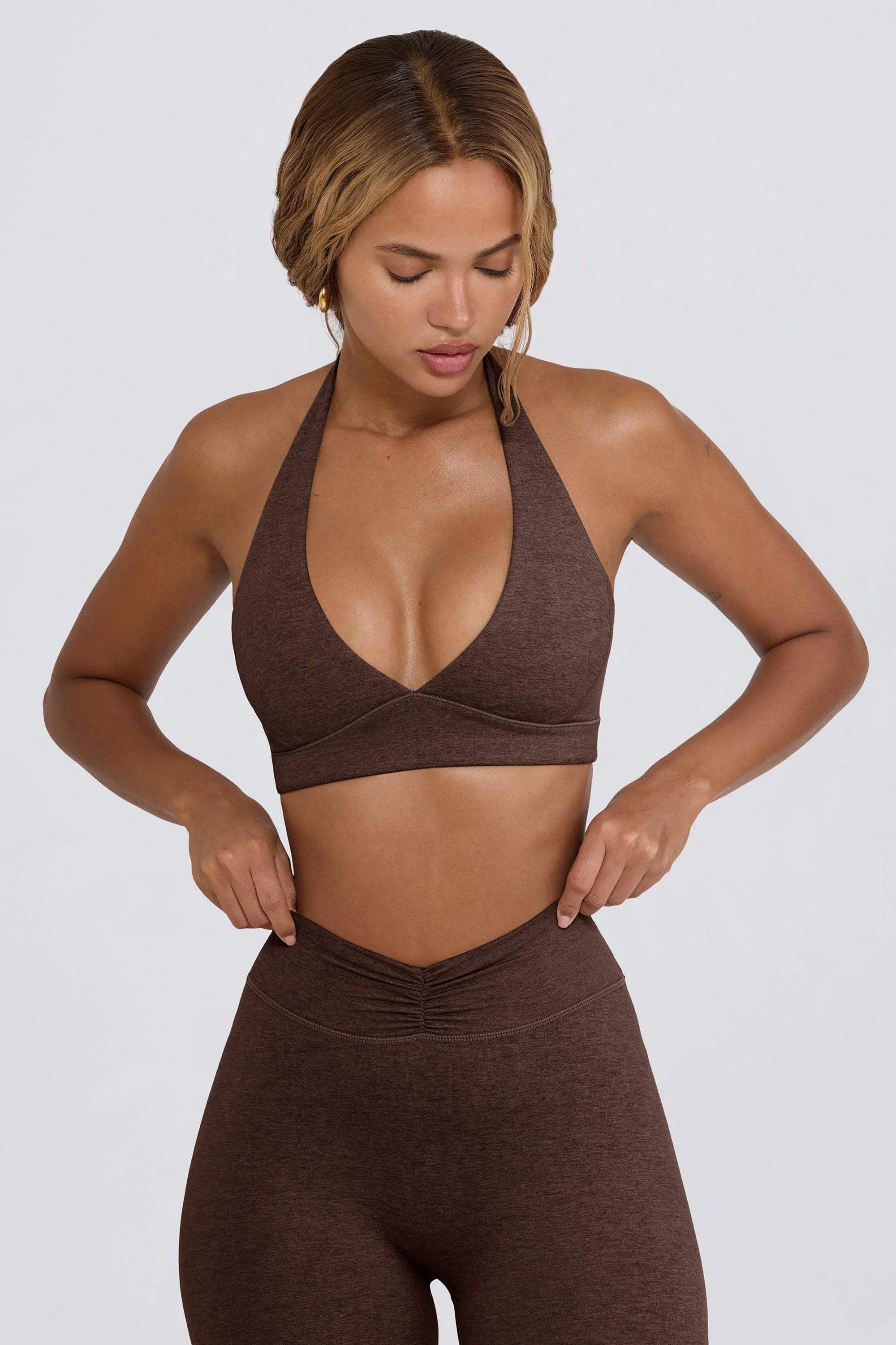 V-Neck Sports Bra in Pecan Marl