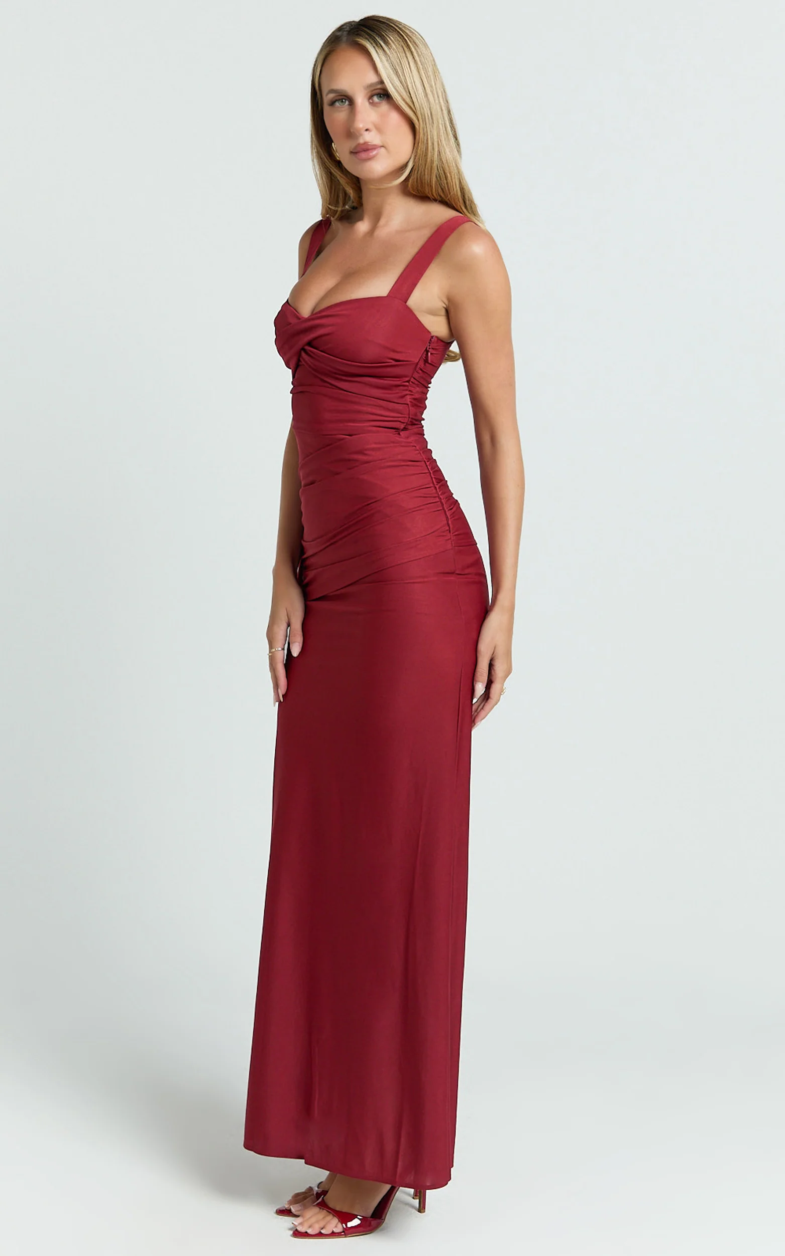 Roxanne Maxi Dress - Sweetheart Neck Gathered Bodycon Dress in Red