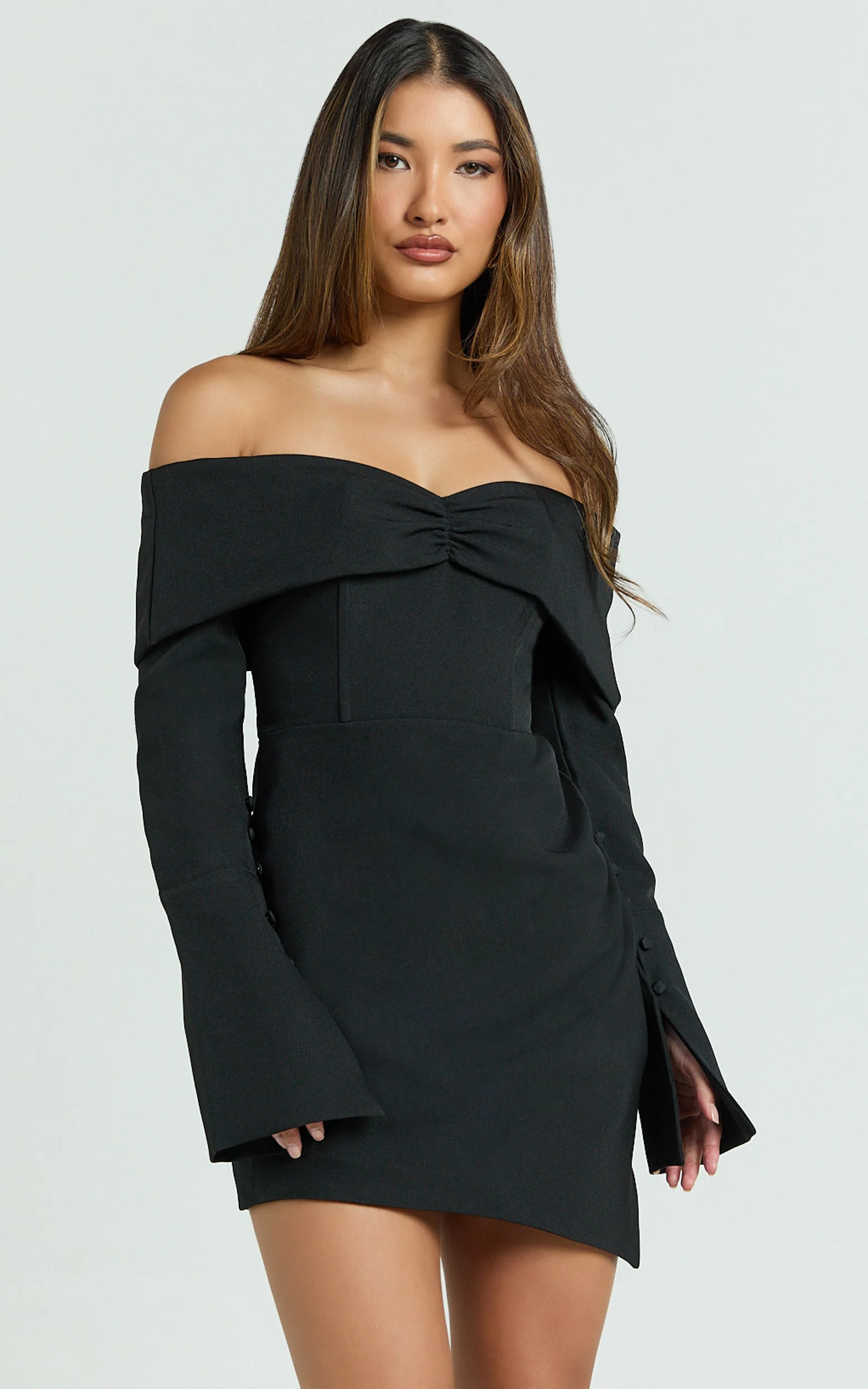 Cyrus Mini Dress - Off Shoulder Long Sleeve Fit And Flare Dress in Black