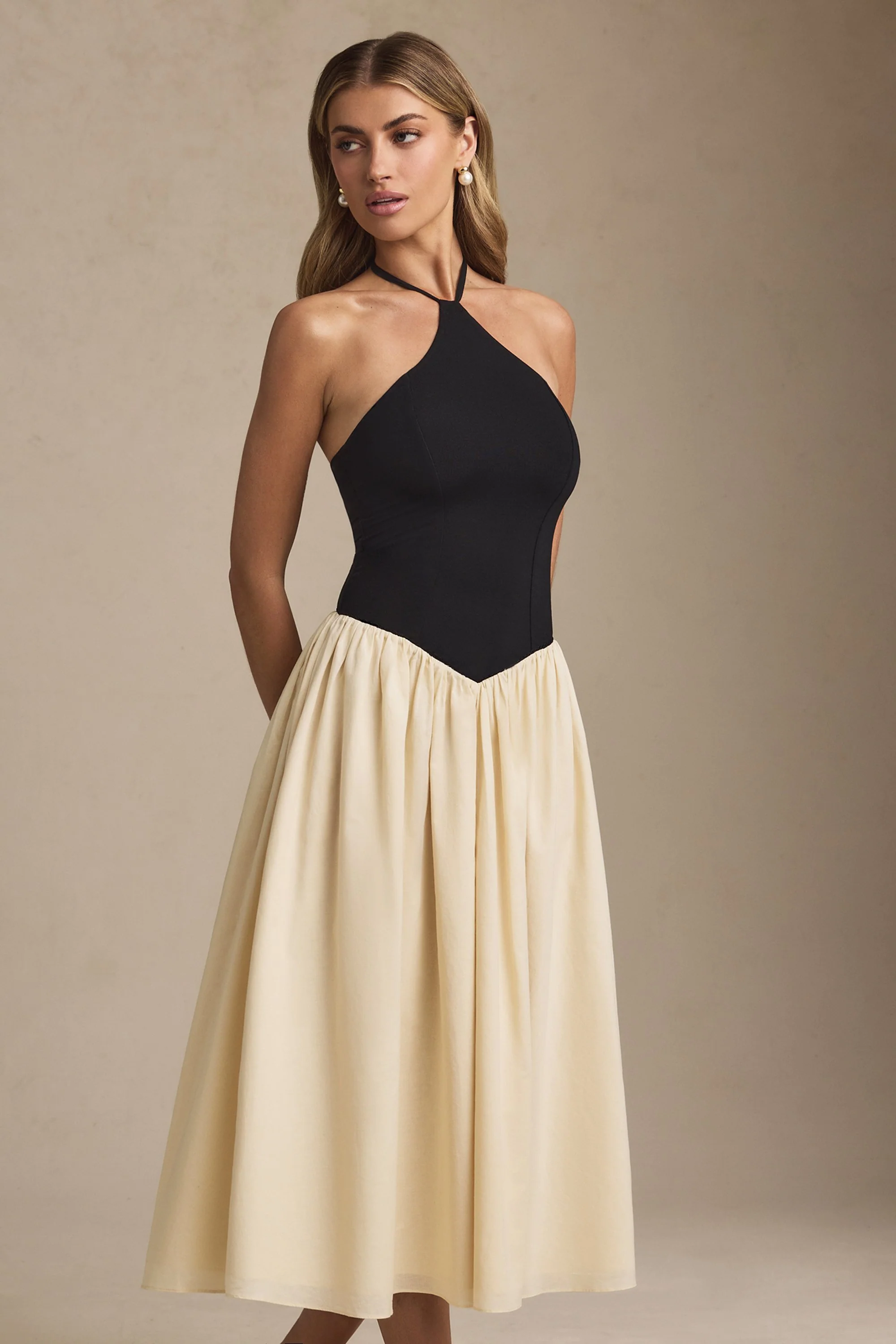 Halterneck A-Line Midaxi Dress in Black