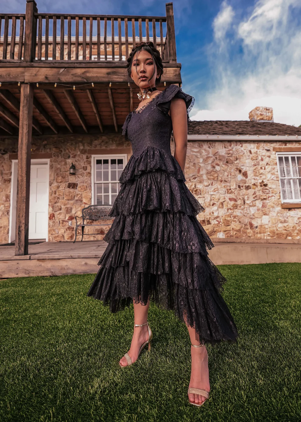 Romantic Ruffle Tiered Lace Midi Dress – Burgundy / Apricot / Black