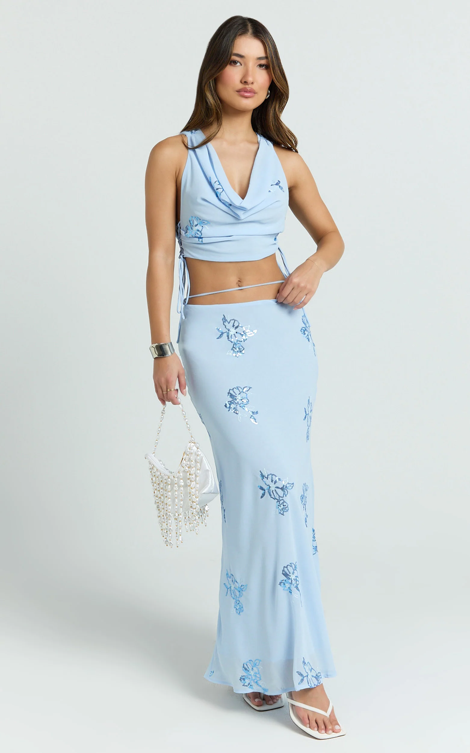 Aurora Two Piece Top and Skirt Set - Floral Sequin Cowl Neck Top And Maxi Skirt in Baby Blue