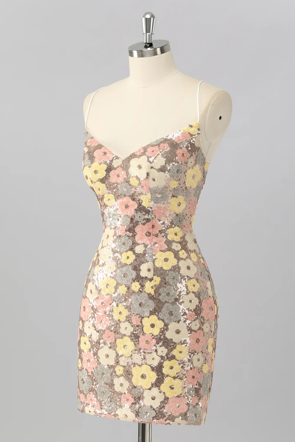 Sparkly Yellow Sequin Floral Backless Tight Short Homecoming Dress