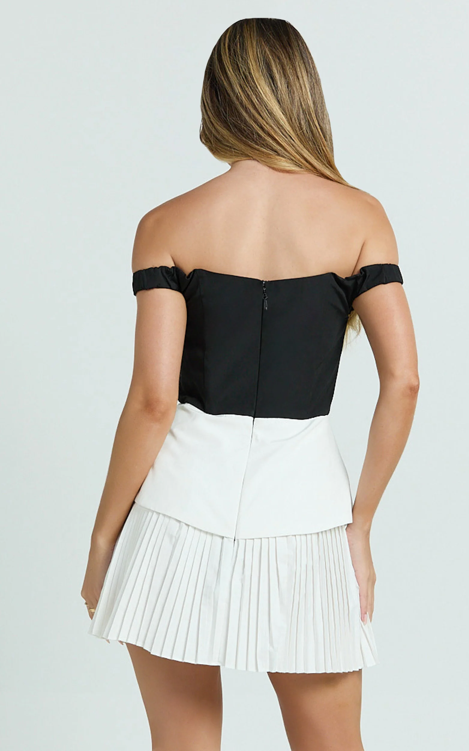Izara Mini Dress - Off Shoulder Pleated Dress in Black/White