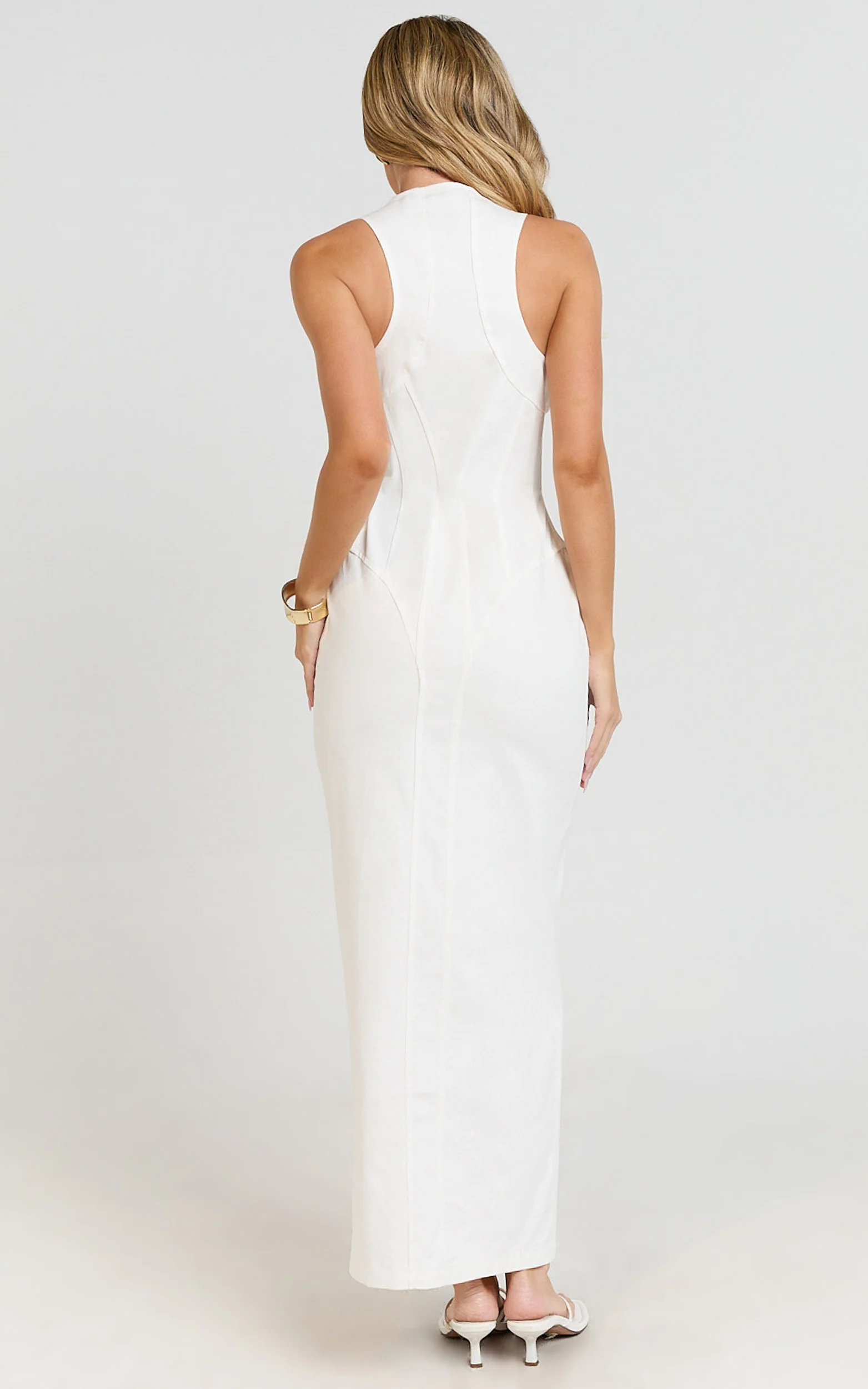 Maisy Maxi Dress - Scoop Neck Racer Back Fitted Dress in White