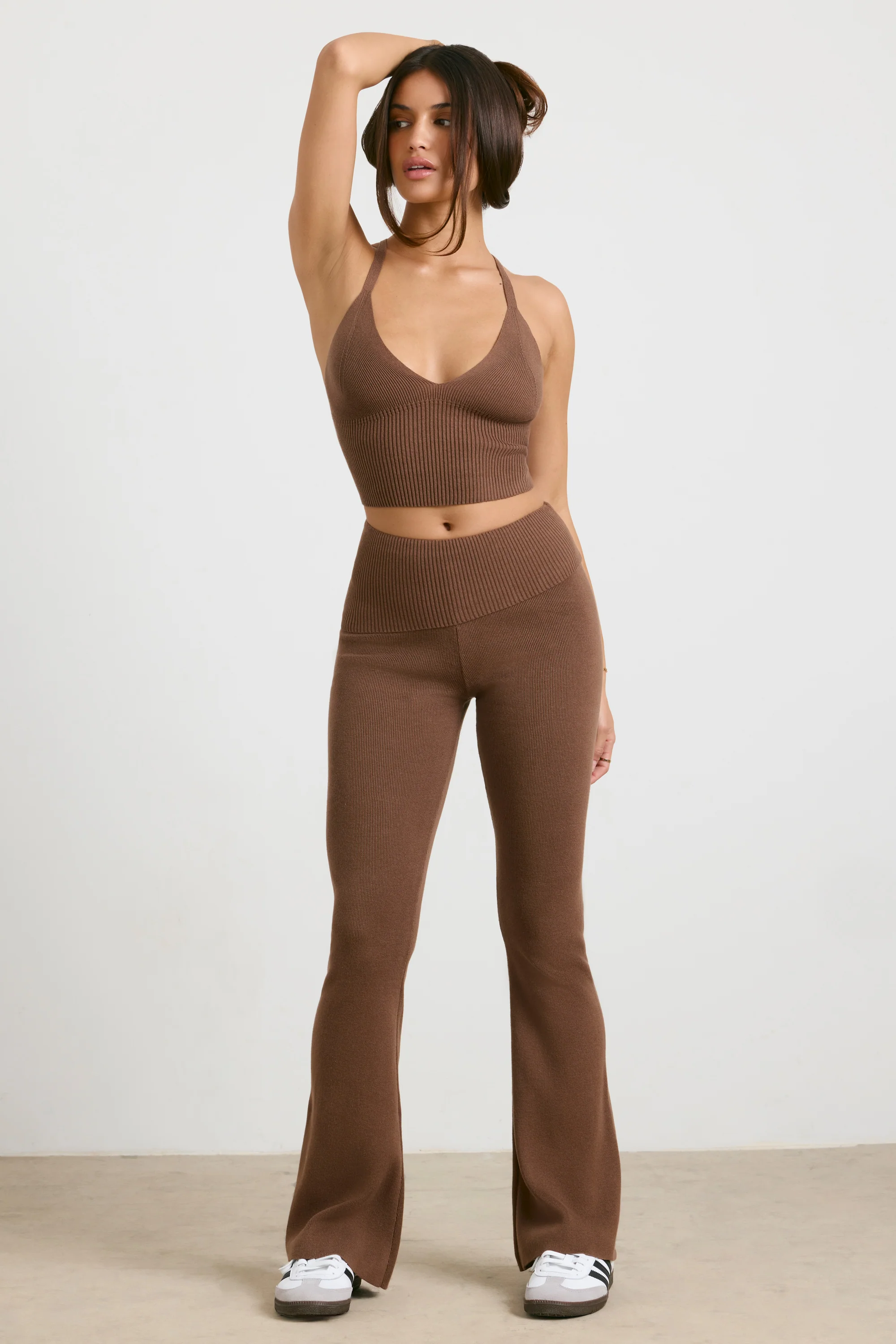 Chunky Knit Kick Flare Trousers in Espresso