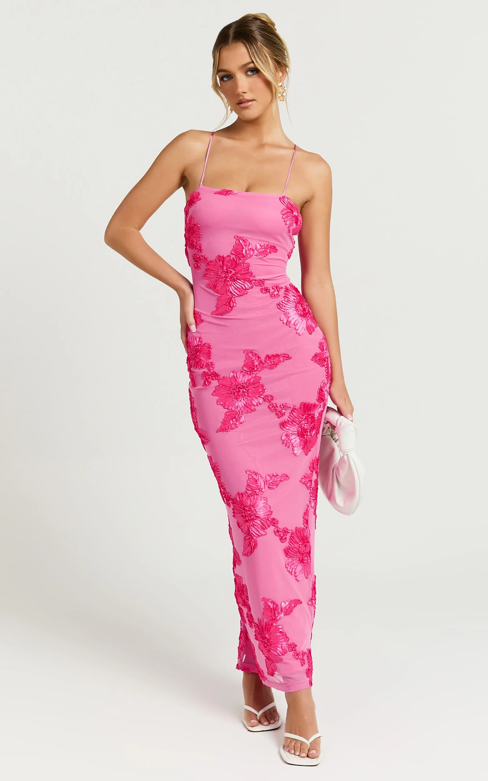 Mina Midi Dress - Embroidered Mesh Dress in Pink