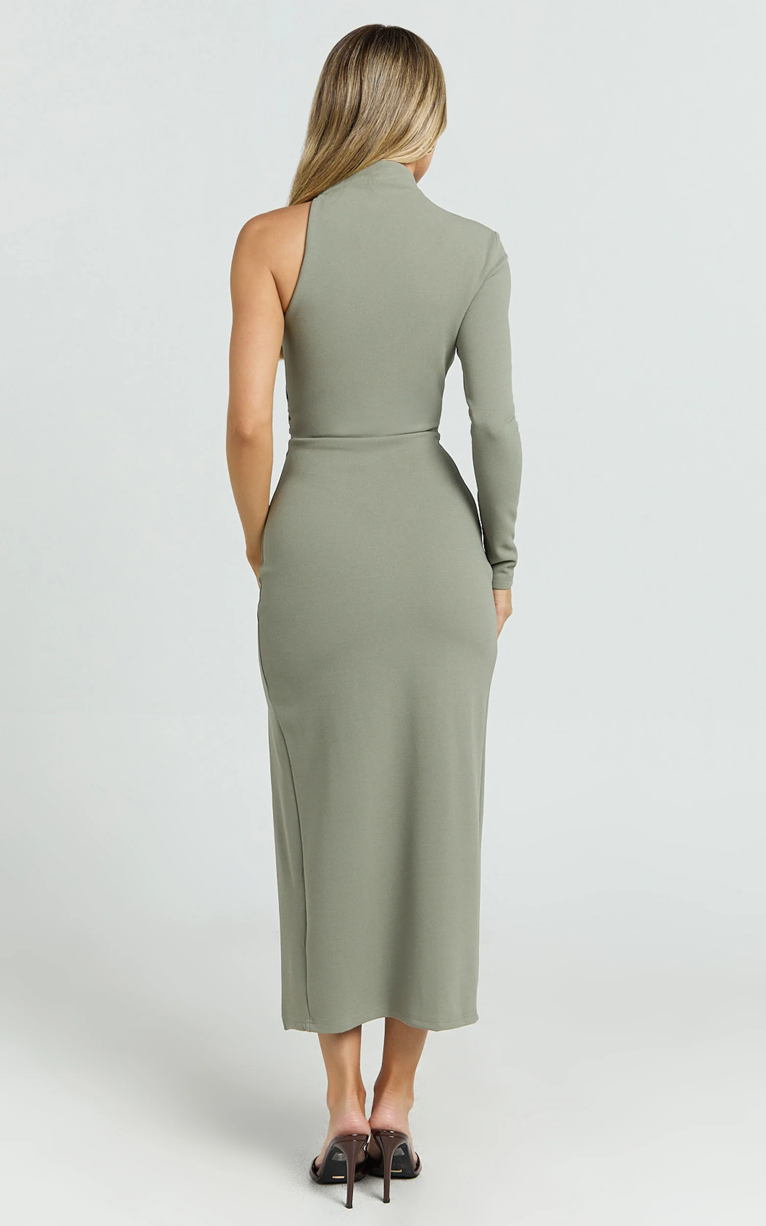 Olsen Midi Dress - Asymmetric One Sleeve Draped Leg Split Dress in Khaki