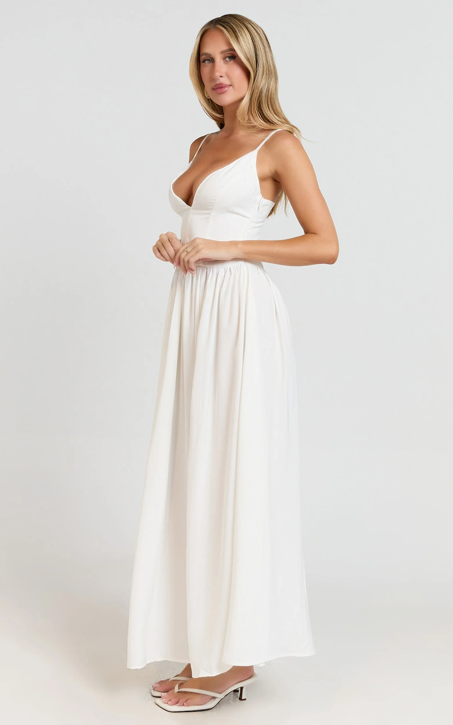 Jamilla Maxi Dress - Plunge Drop Waist High Leg Split Dress in Off White