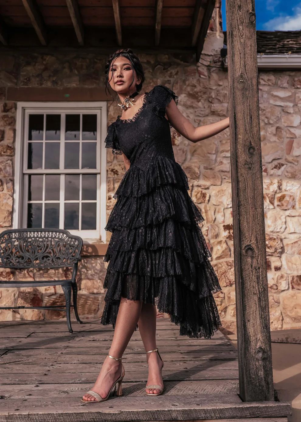 Romantic Ruffle Tiered Lace Midi Dress – Burgundy / Apricot / Black