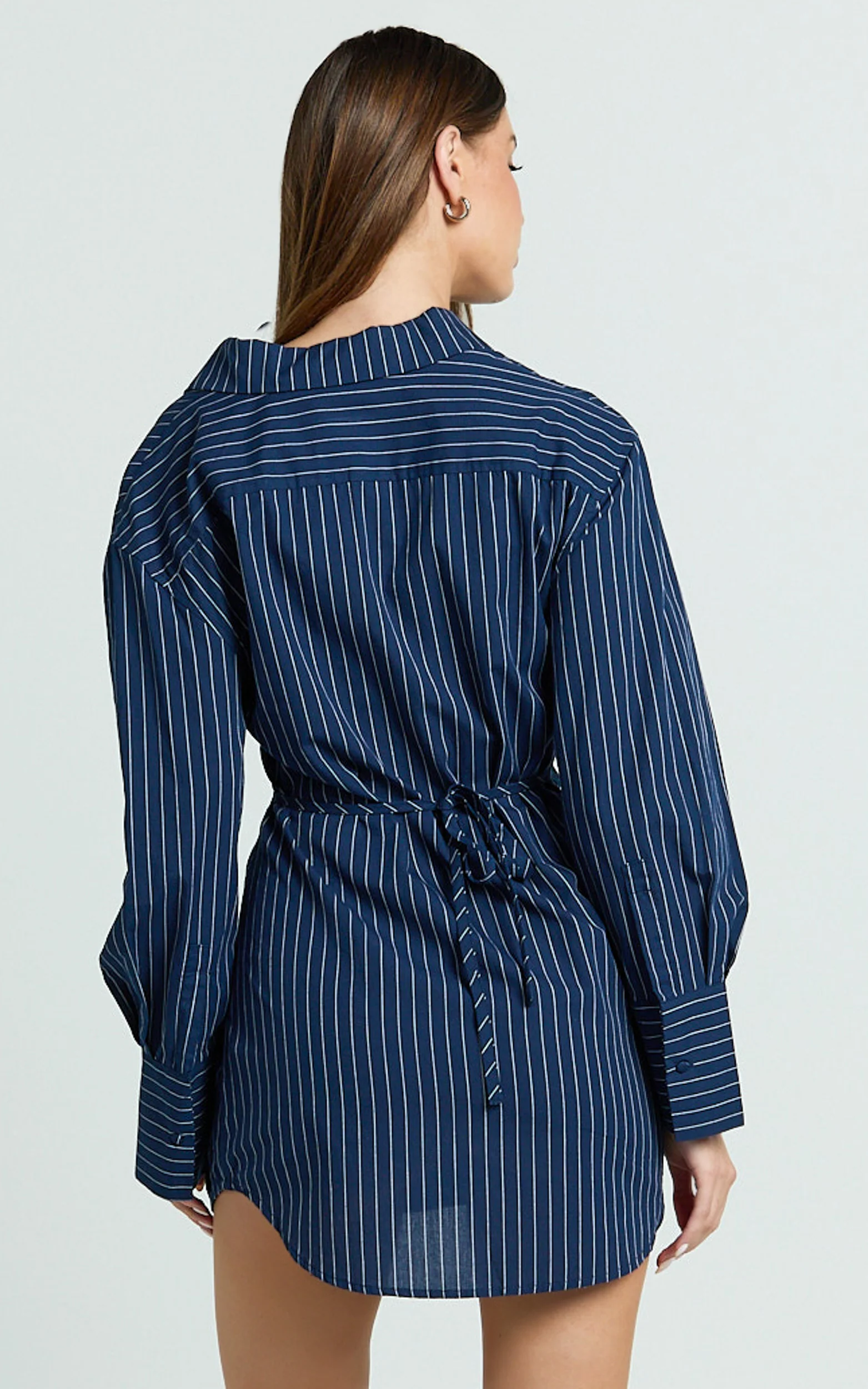 Sanya Mini Dress - Cinched Waist Stripe Dress in Navy Pinstripe