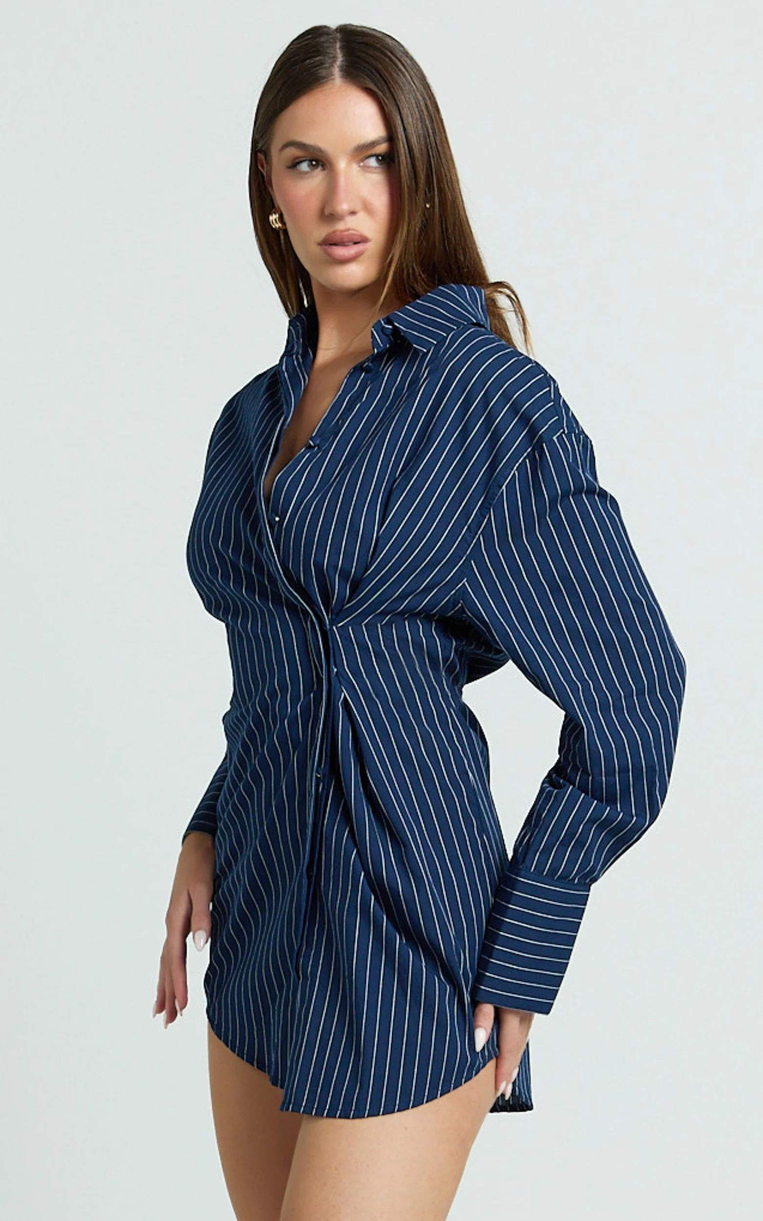 Sanya Mini Dress - Cinched Waist Stripe Dress in Navy Pinstripe