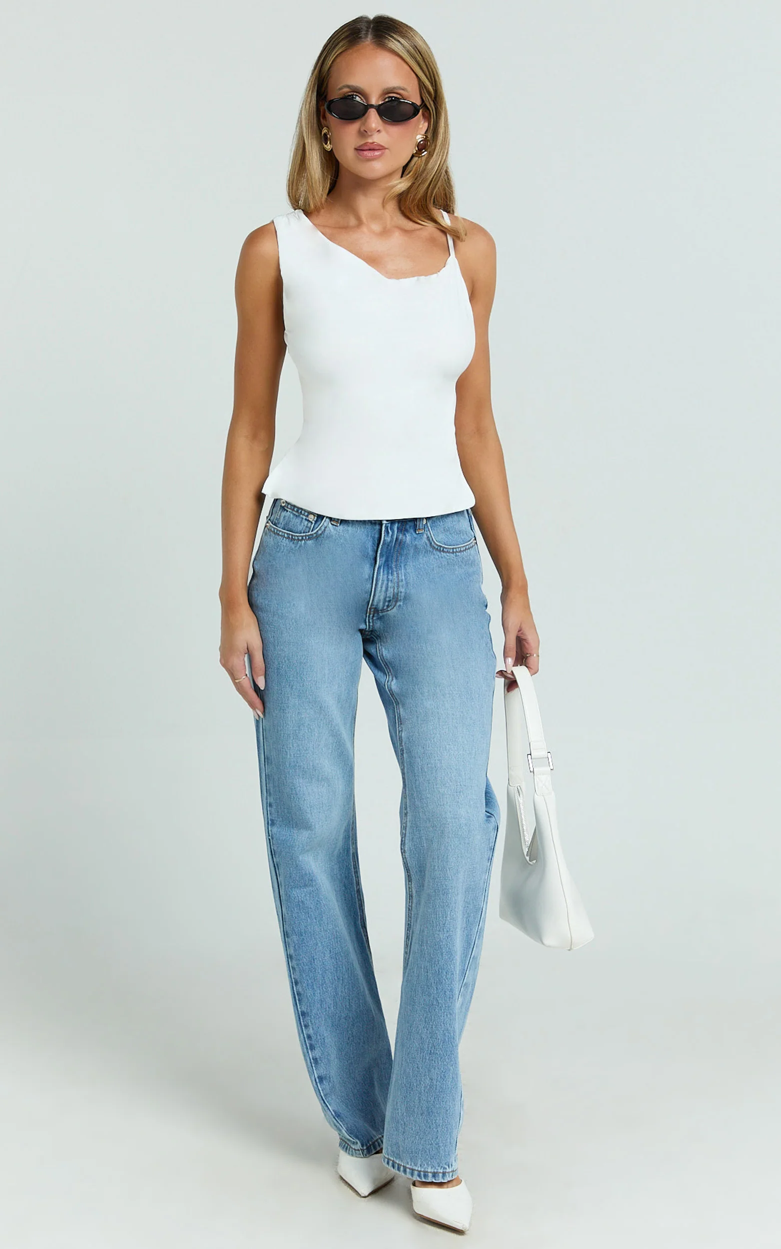 Lausanne Top - Asymmetric Jersey Backless Top With Hardware Detail in Off White