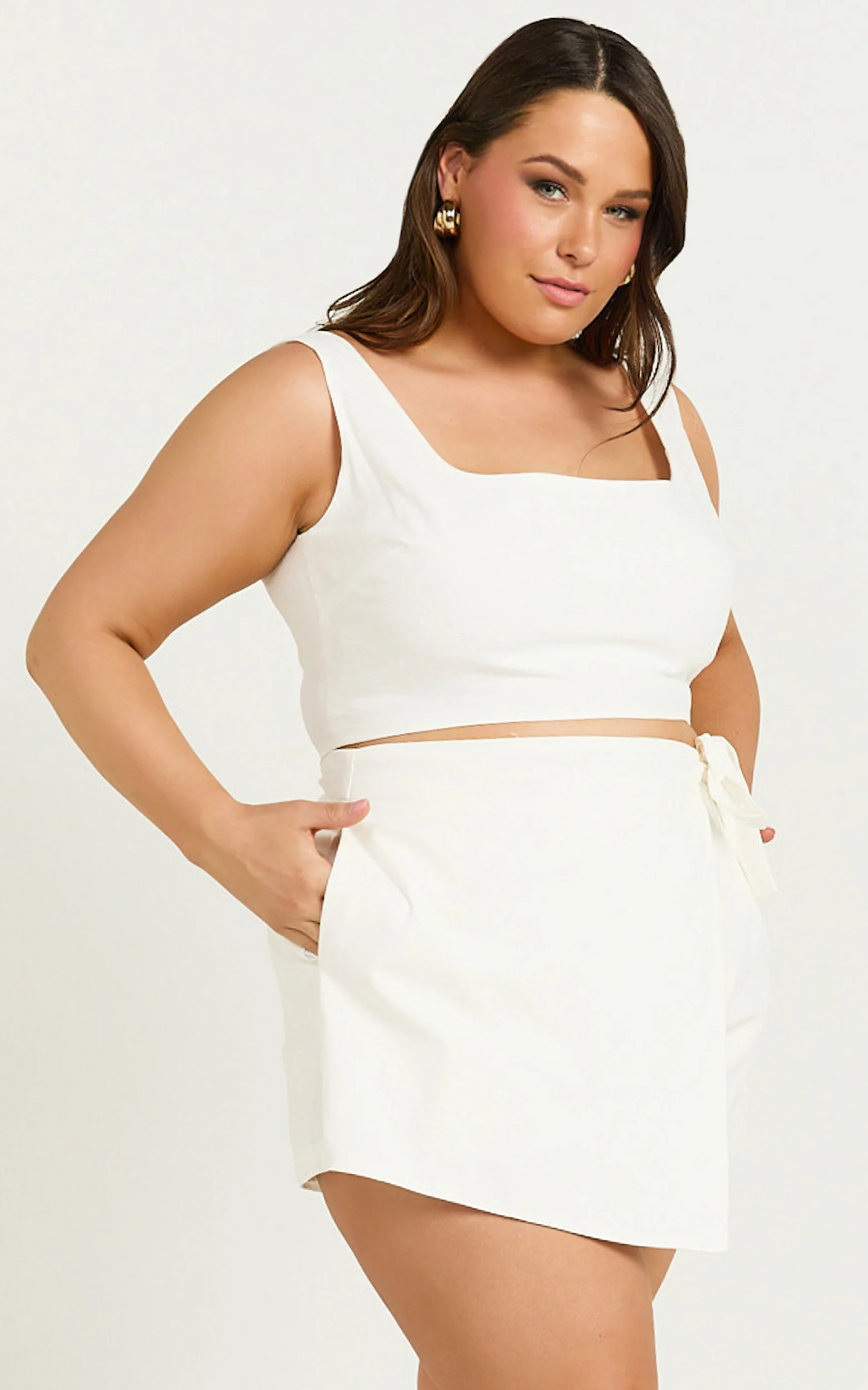 Polina Two Piece Set - Linen Square Neck Crop Top and Tie Waist Skort Set in White