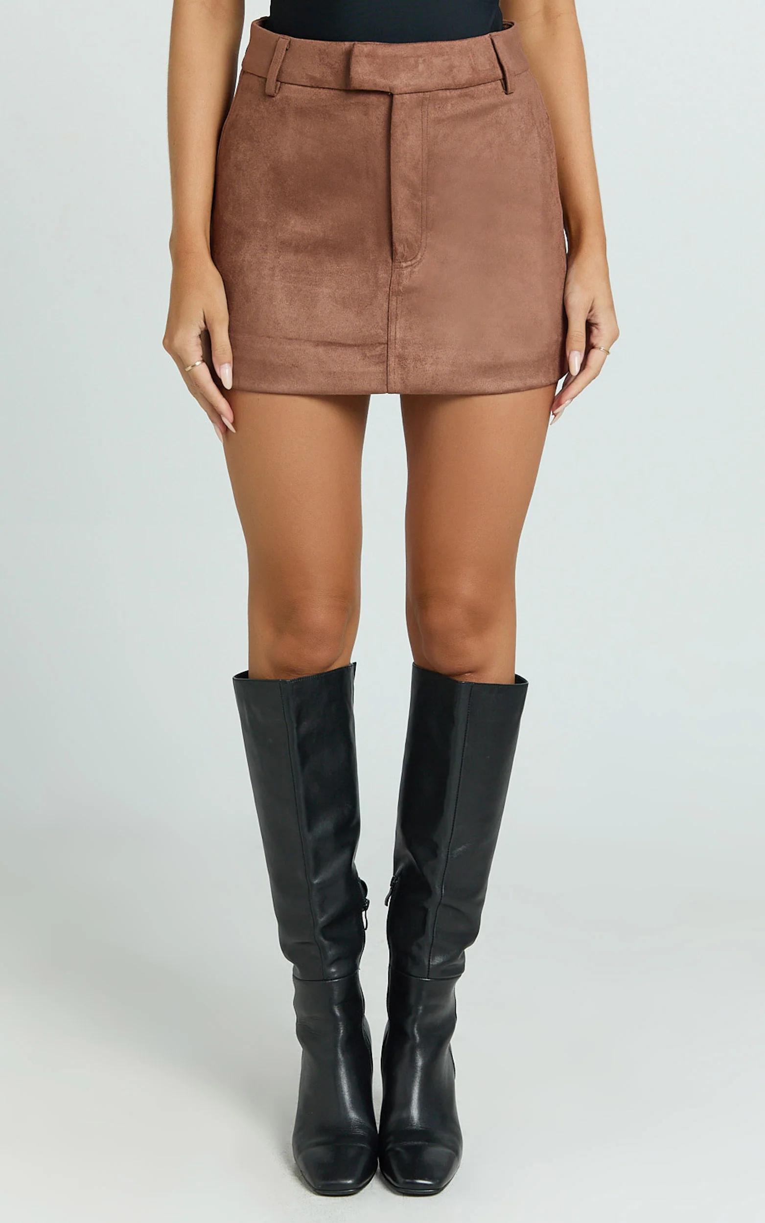 Priscilla Mini Skirt - Mid Waist Faux Suede Skirt in Brown Tan