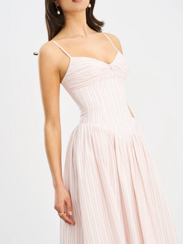 Zania Pink Stripe Ruched Breast Cotton Jacquard Midi Dress