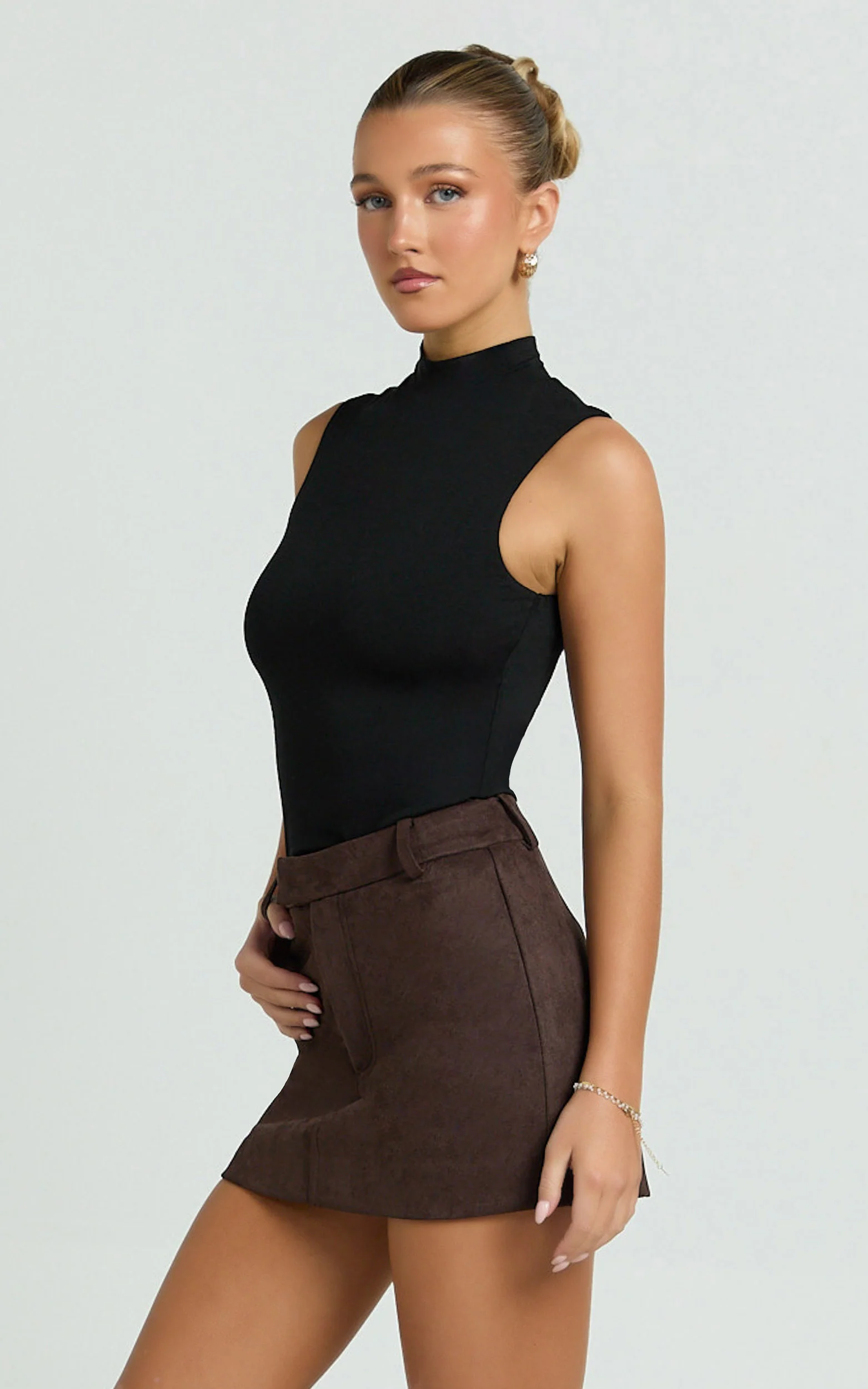 Priscilla Mini Skirt - Mid Waist Faux Suede Skirt in Dark Chocolate