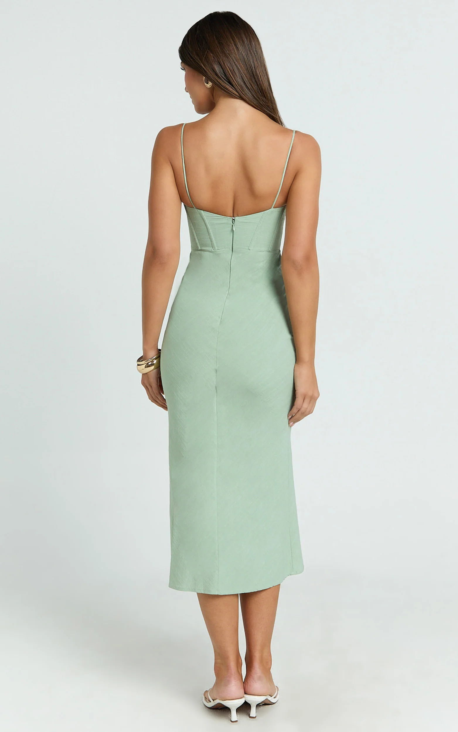 Mikayla Midi Dress - Linen Scoop Neck Ruched Bust Corset Waist Bias Skirt Dress in Sage