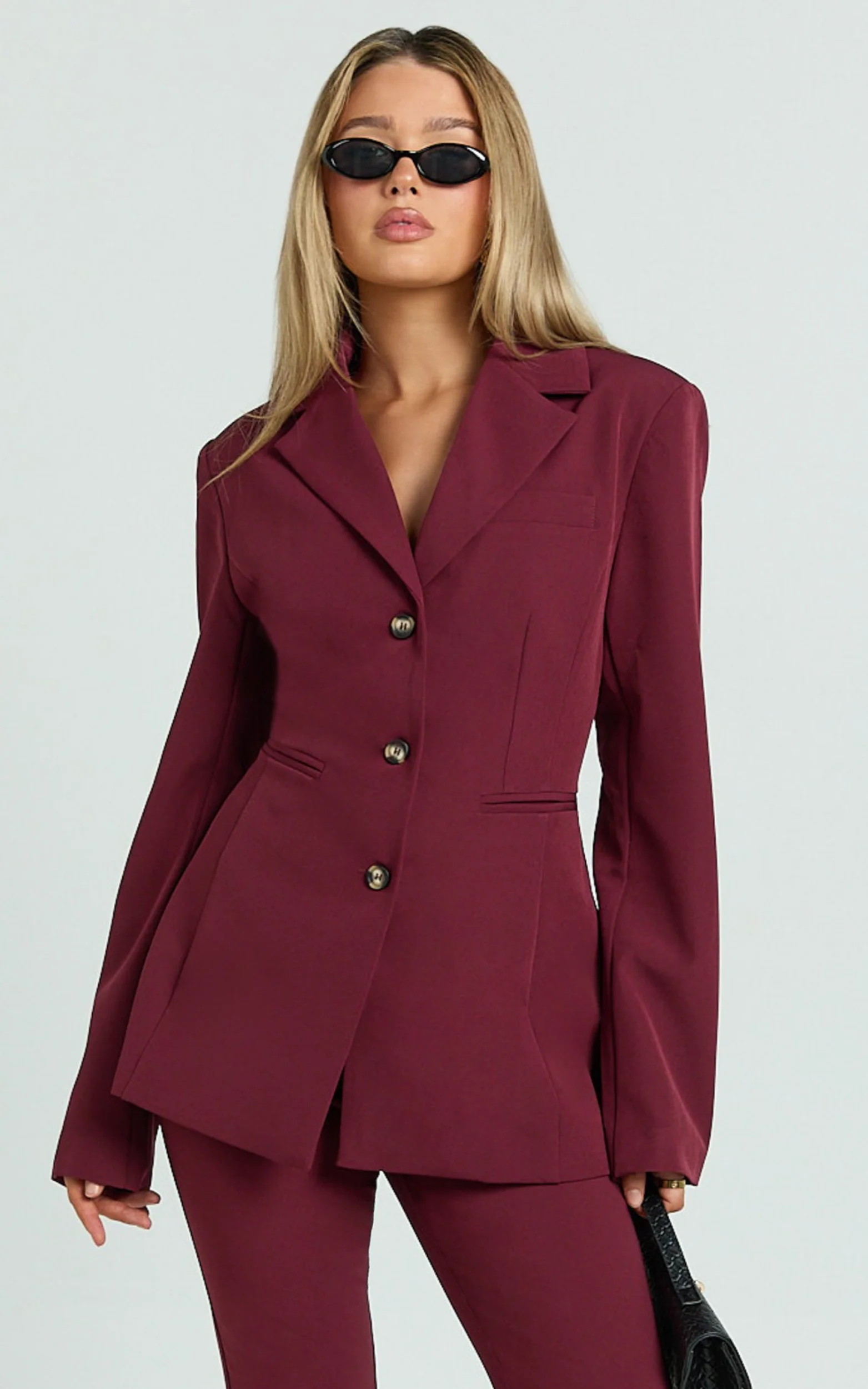 Irene Blazer - Fitted Cinched Waist Blazer in Wine