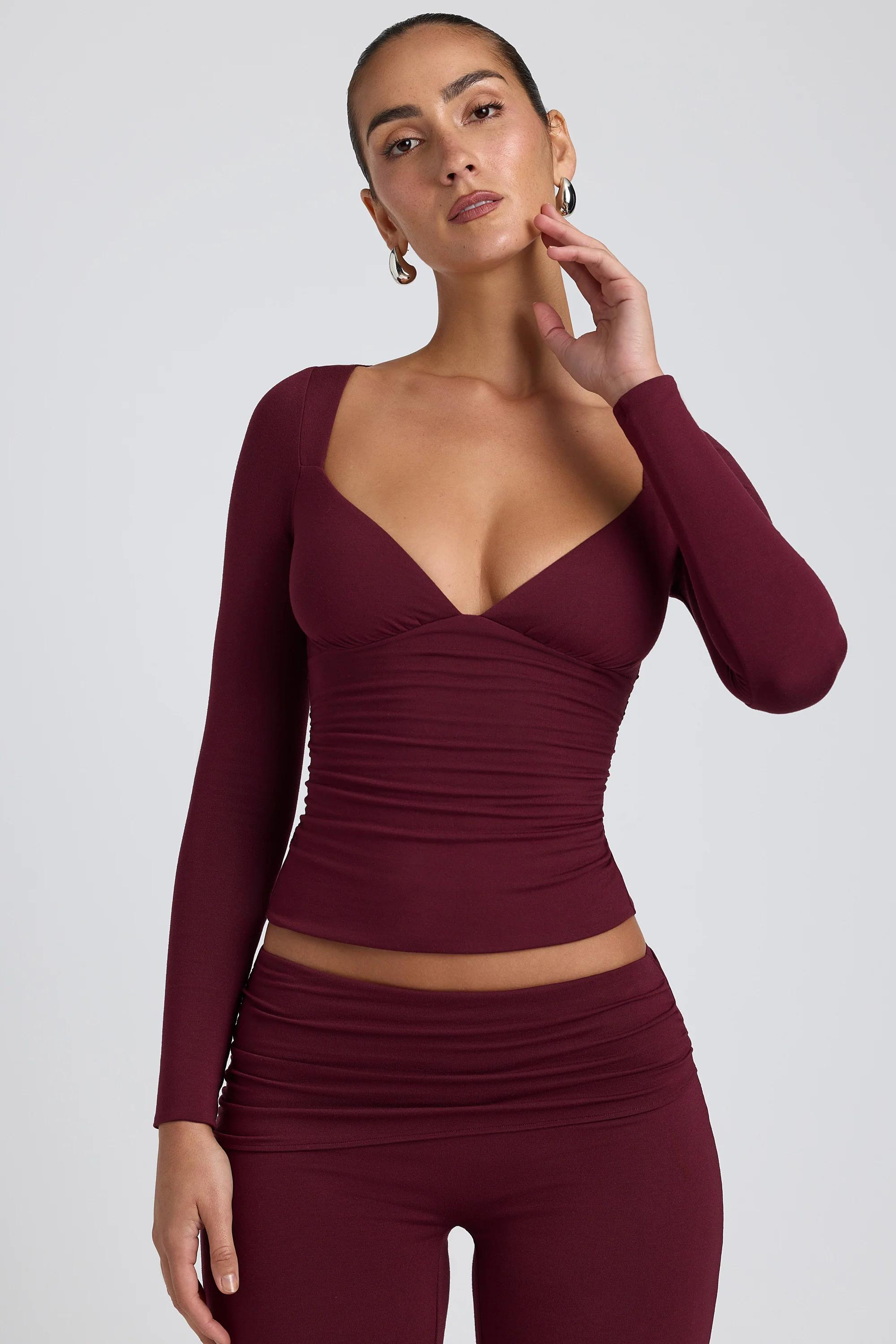 Modal Ruched Long-Sleeve Top in Plum