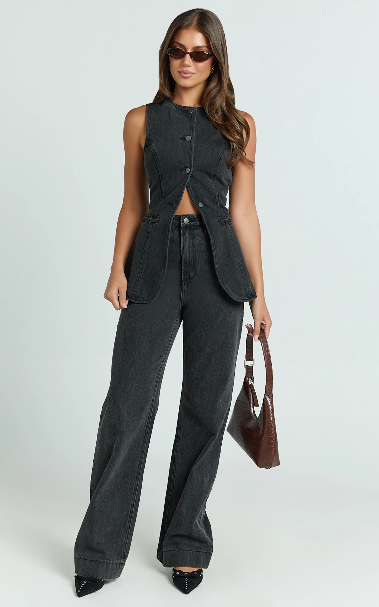 Emman Jeans - High Waisted Cotton Wide Leg Denim Jeans in Black