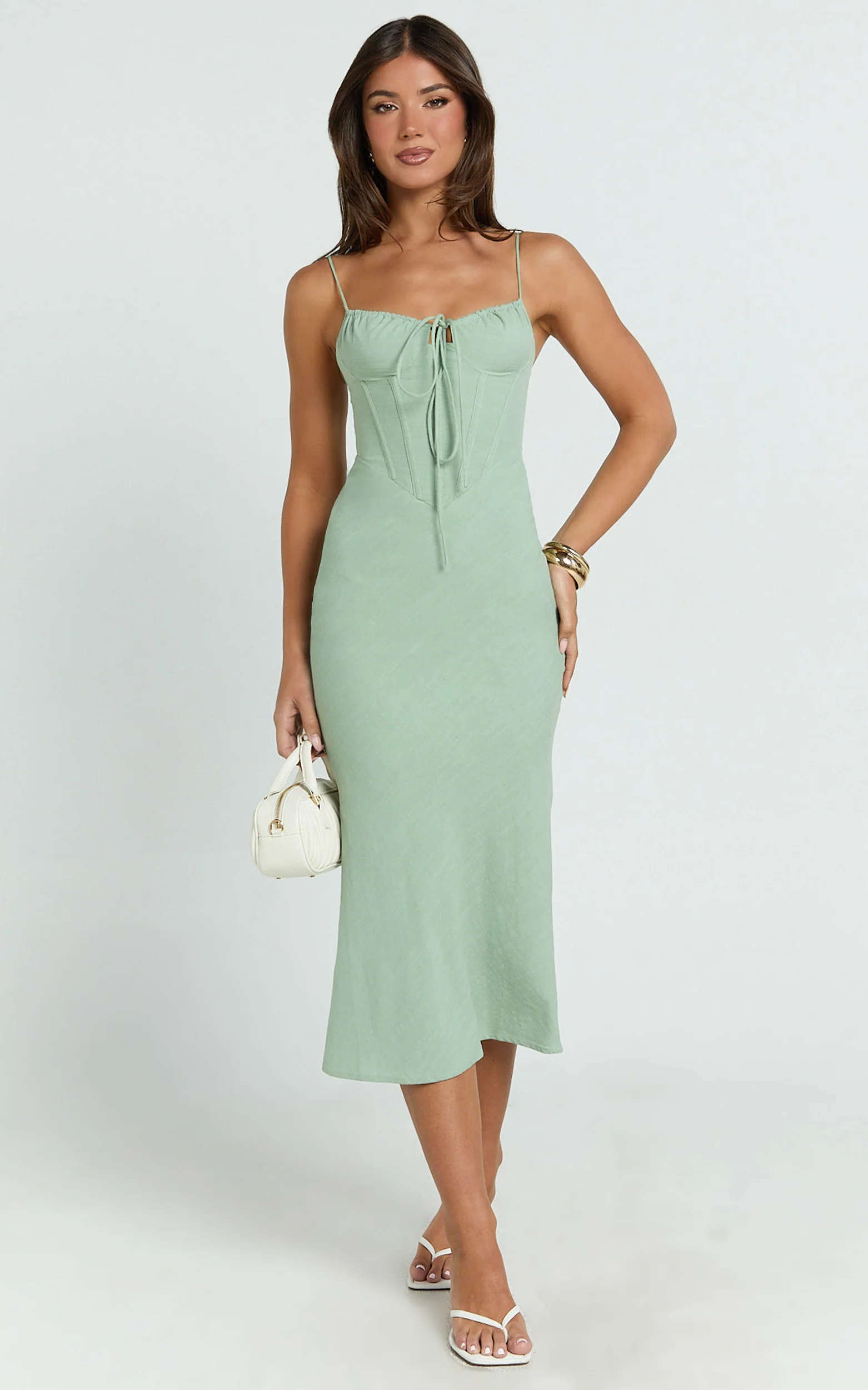 Mikayla Midi Dress - Linen Scoop Neck Ruched Bust Corset Waist Bias Skirt Dress in Sage