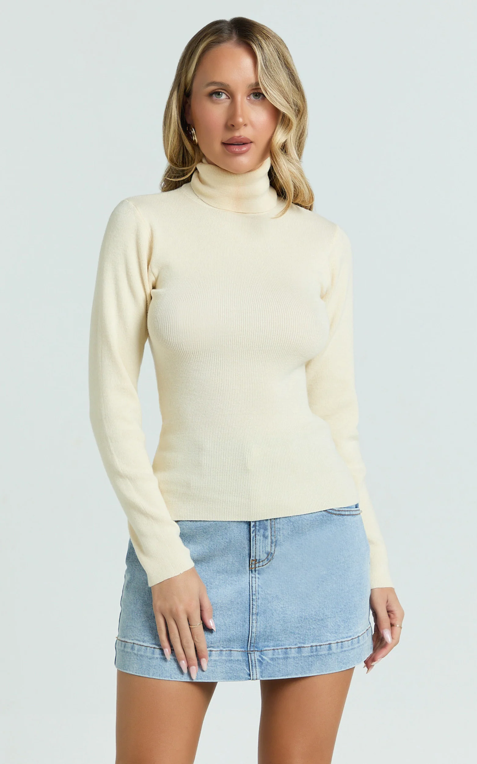Natalie Top - Long Sleeve Roll Neck Knitted Top in Cream