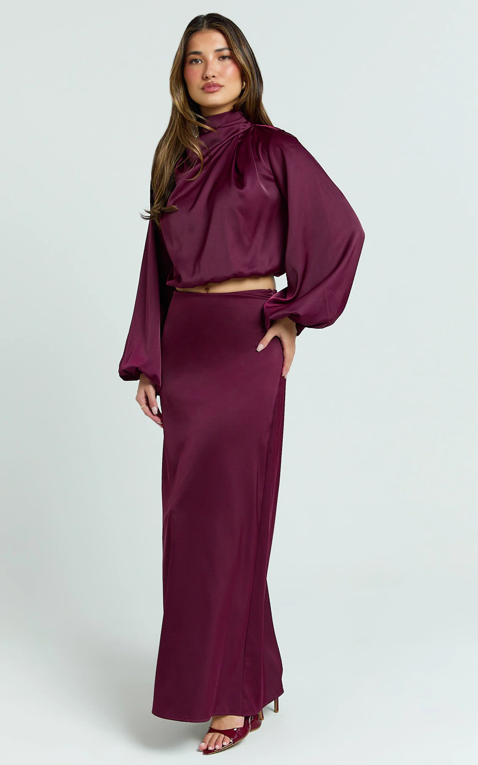 Tessie Two Piece Set - Long Sleeve Hight Neck Top and Maxi Skirt Set in Wine