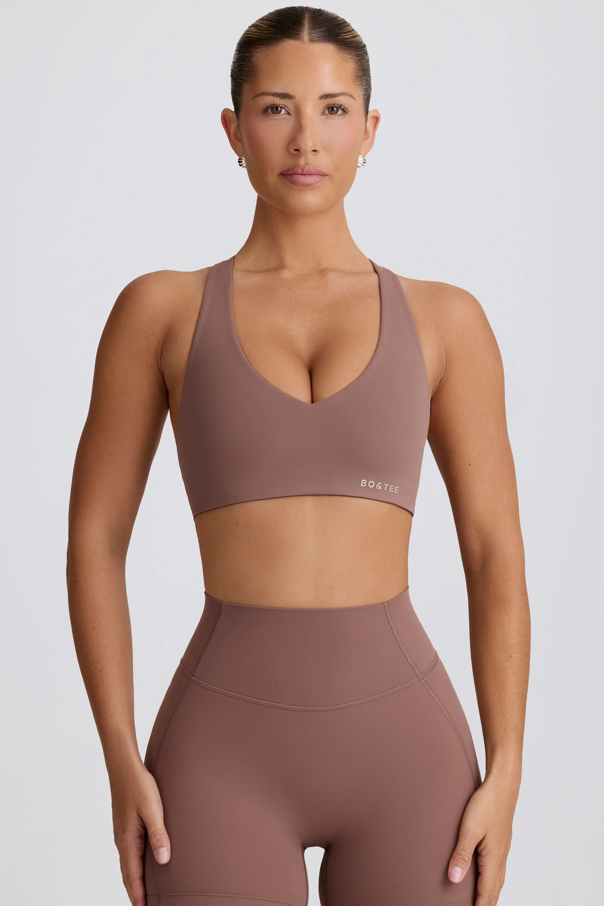 Soft Active V-Neck Sports Bra in Mocha