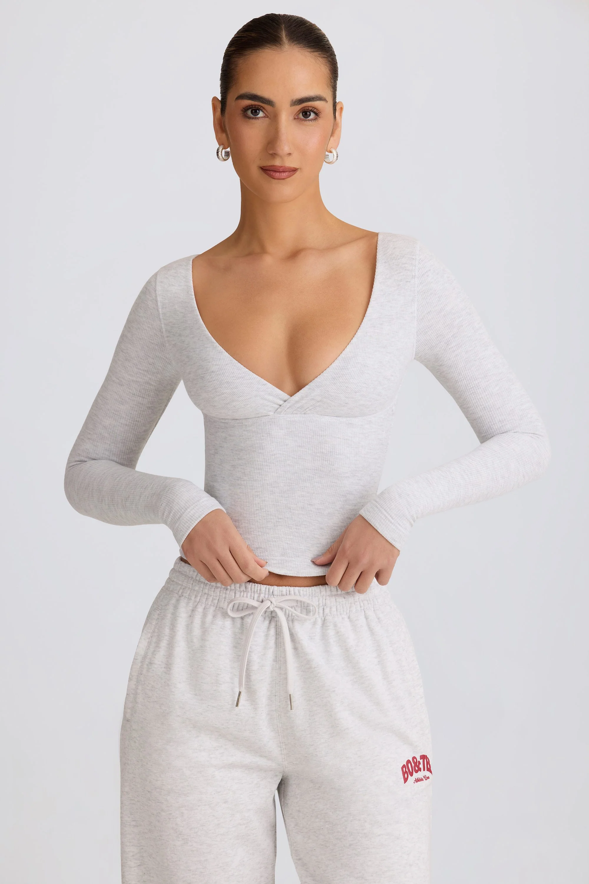 Ribbed Modal Ruched V-Neck Top in Grey Marl