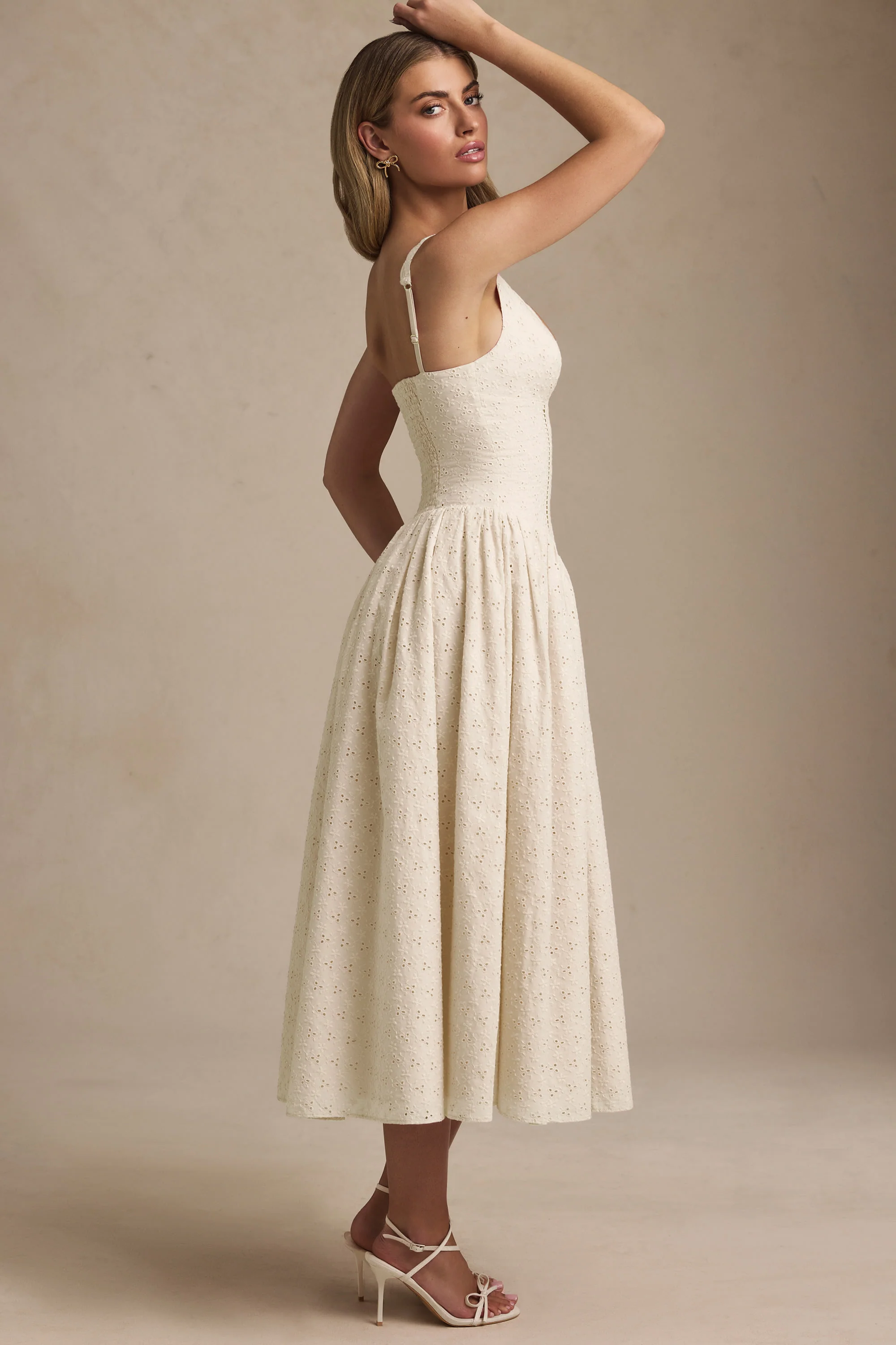 Broderie Anglaise Bow-Detail A-Line Midaxi Dress in Ivory