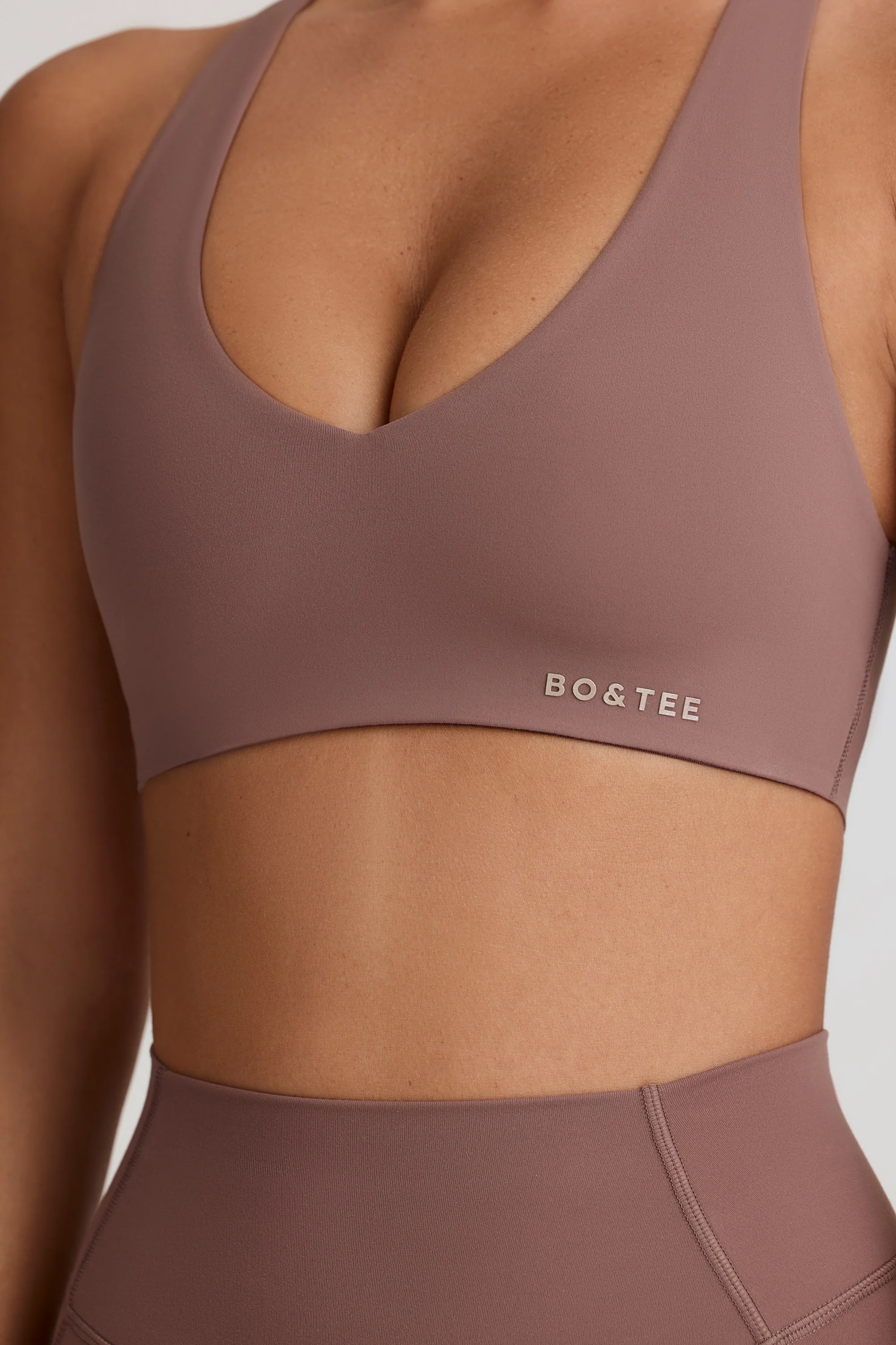 Soft Active V-Neck Sports Bra in Mocha