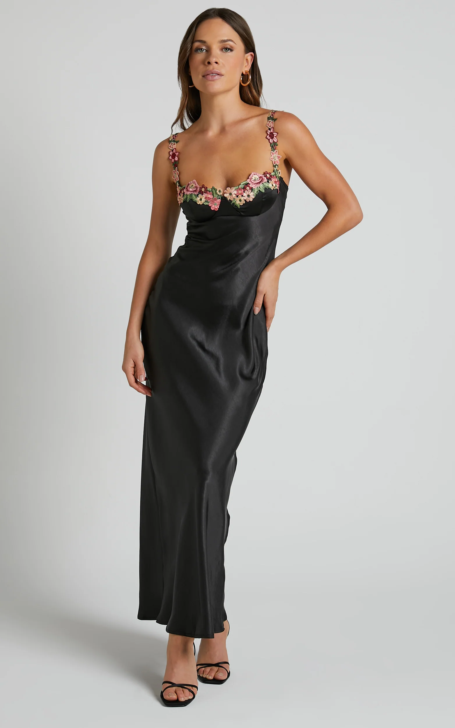 Harmony Midi Dress - Floral Detail Cup Bust Satin Dress in Black