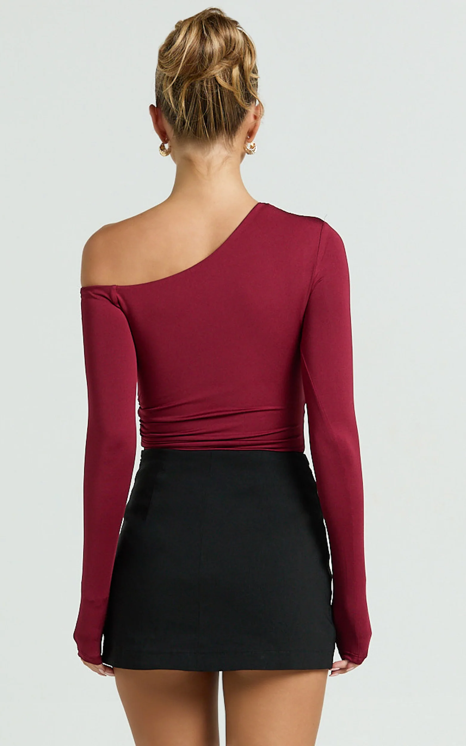 Clarence Top - Long Sleeve Off Shoulder Gathered Top in Burgundy