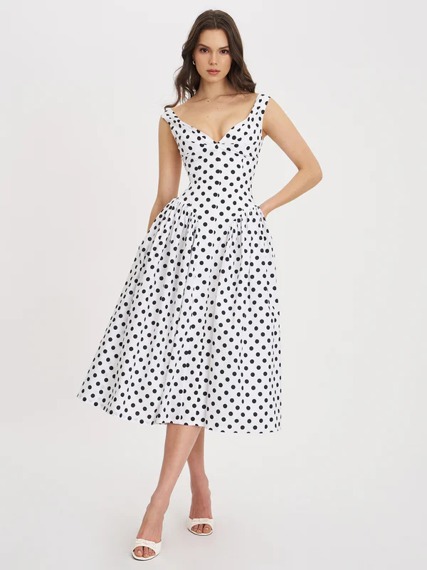 Rahma Polka Dot Drop Waist Midi Cotton Poplin Dress
