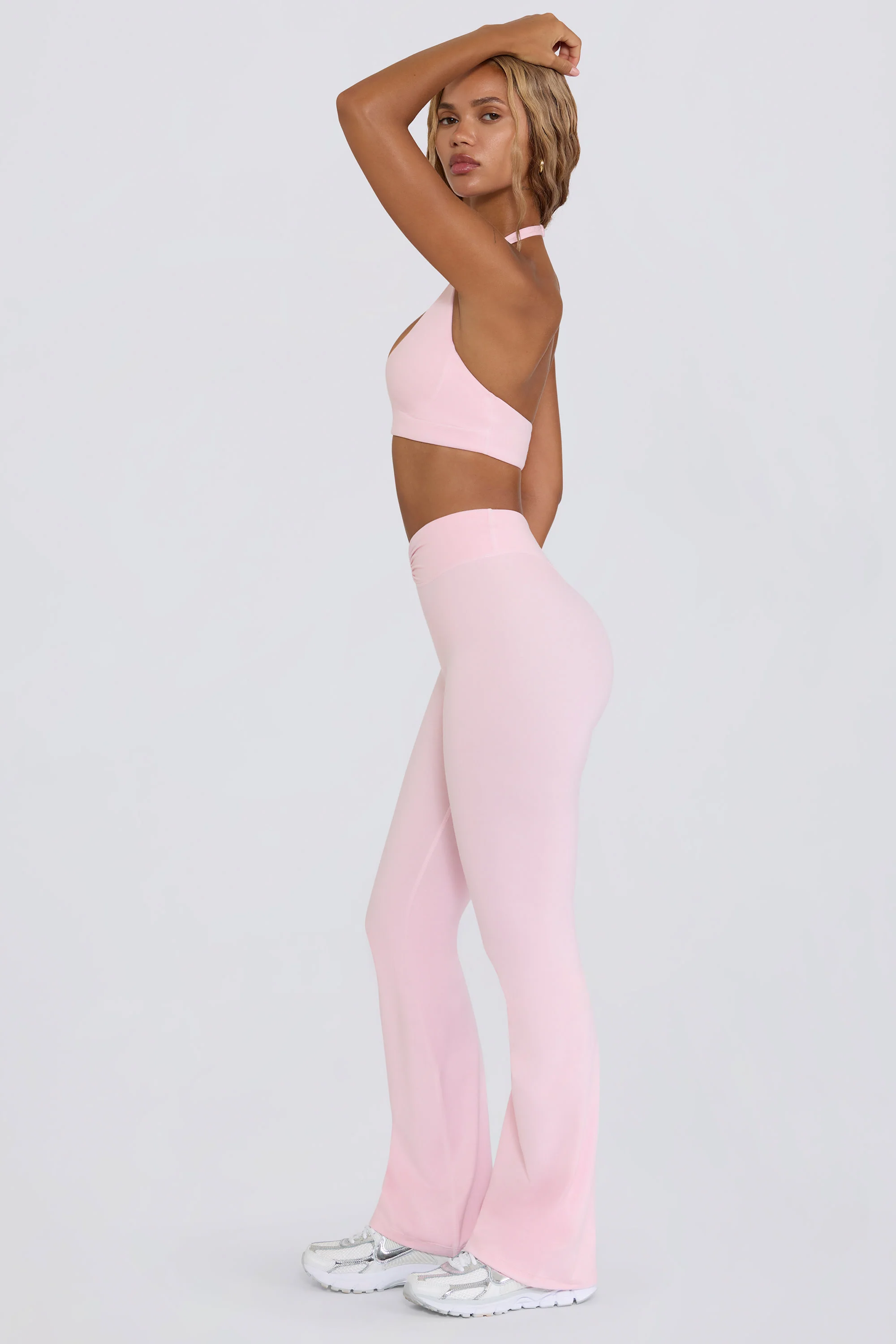 Ruched Flared Trousers in Pink Marl