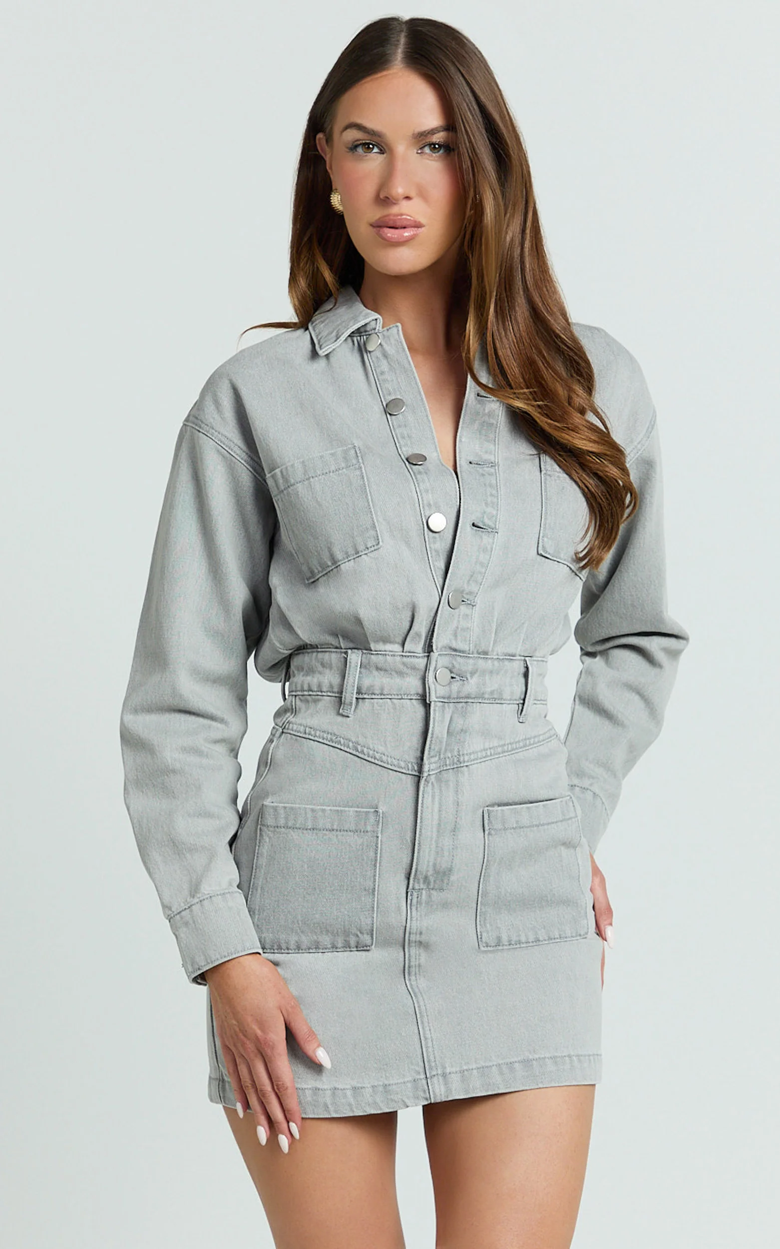 Kamala Mini Dress - Long Sleeve Button Through Denim Dress in Grey