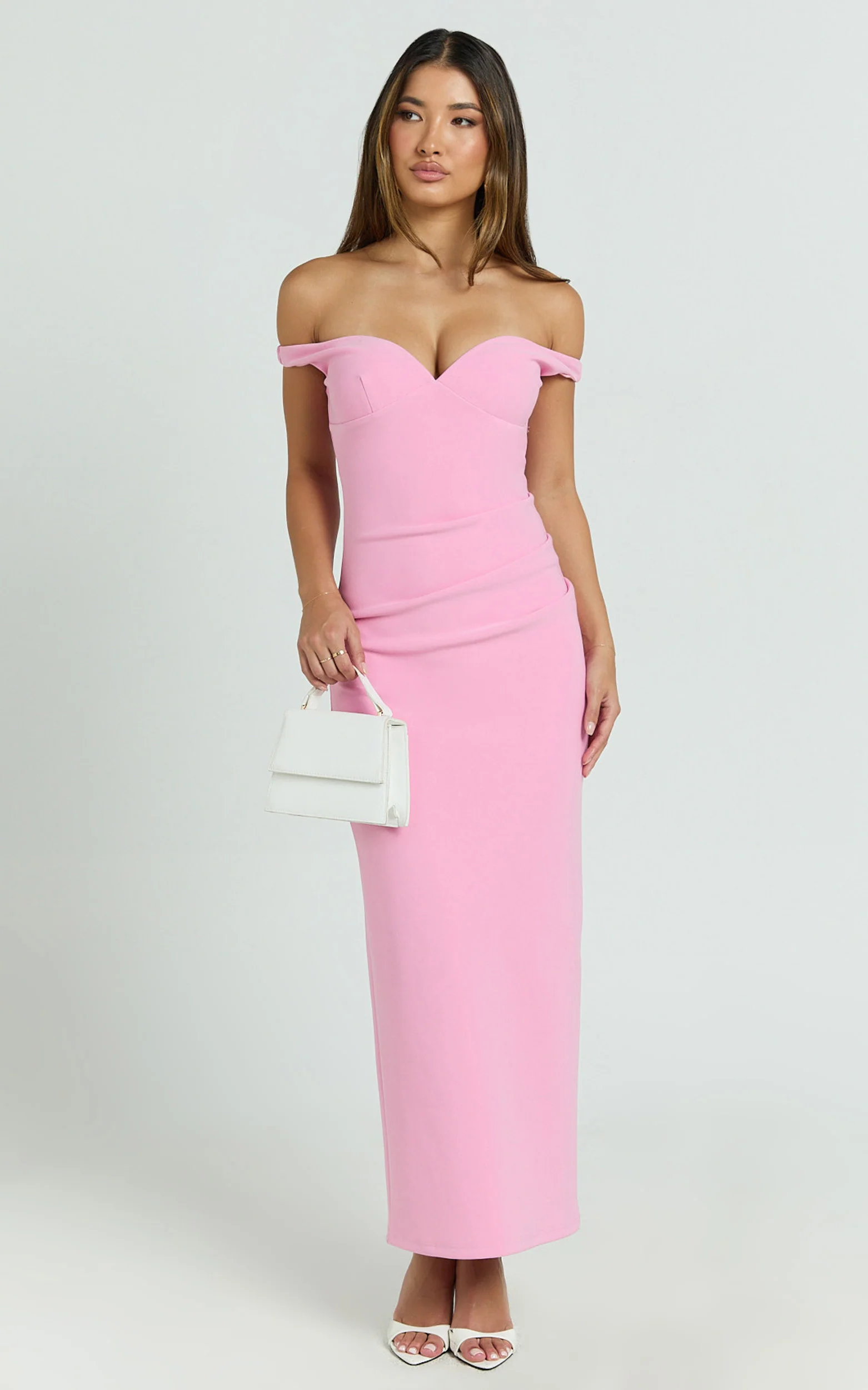 Vinnie Midi Dress - Off Shoulder Bustier Side Tuck Fitted Dress in Pink